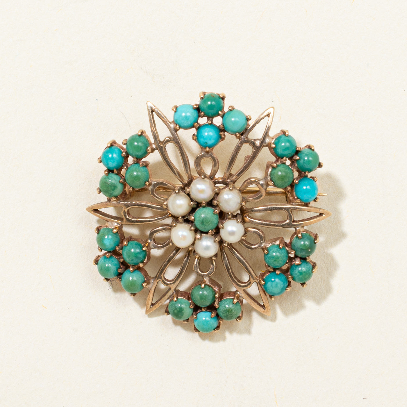 Turquoise & Pearl Openwork Starburst Brooch