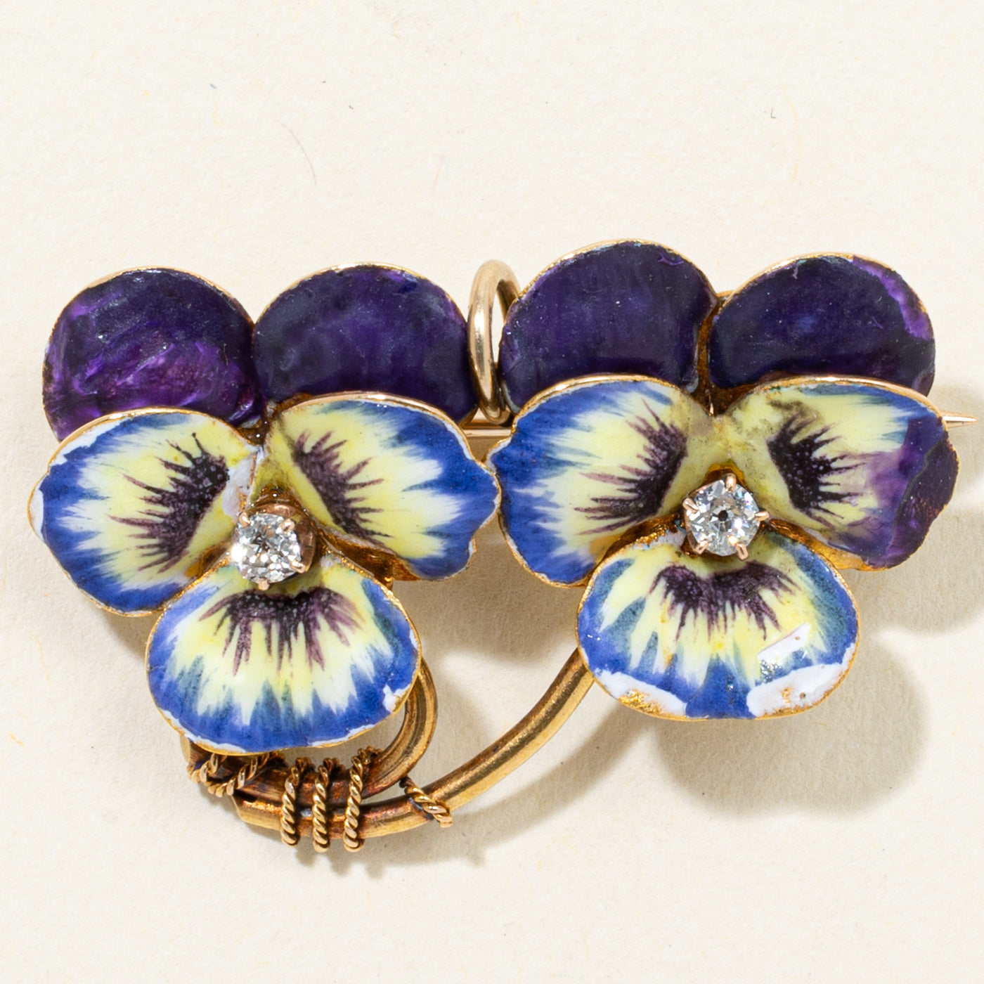 Circa 1900 Diamond & Enamel Pansy Convertible Pendant & Brooch | 0.07ctw