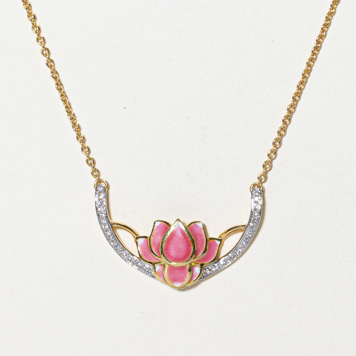 Enamel & Diamond Lotus Flower Necklace | 0.08ctw | 15"