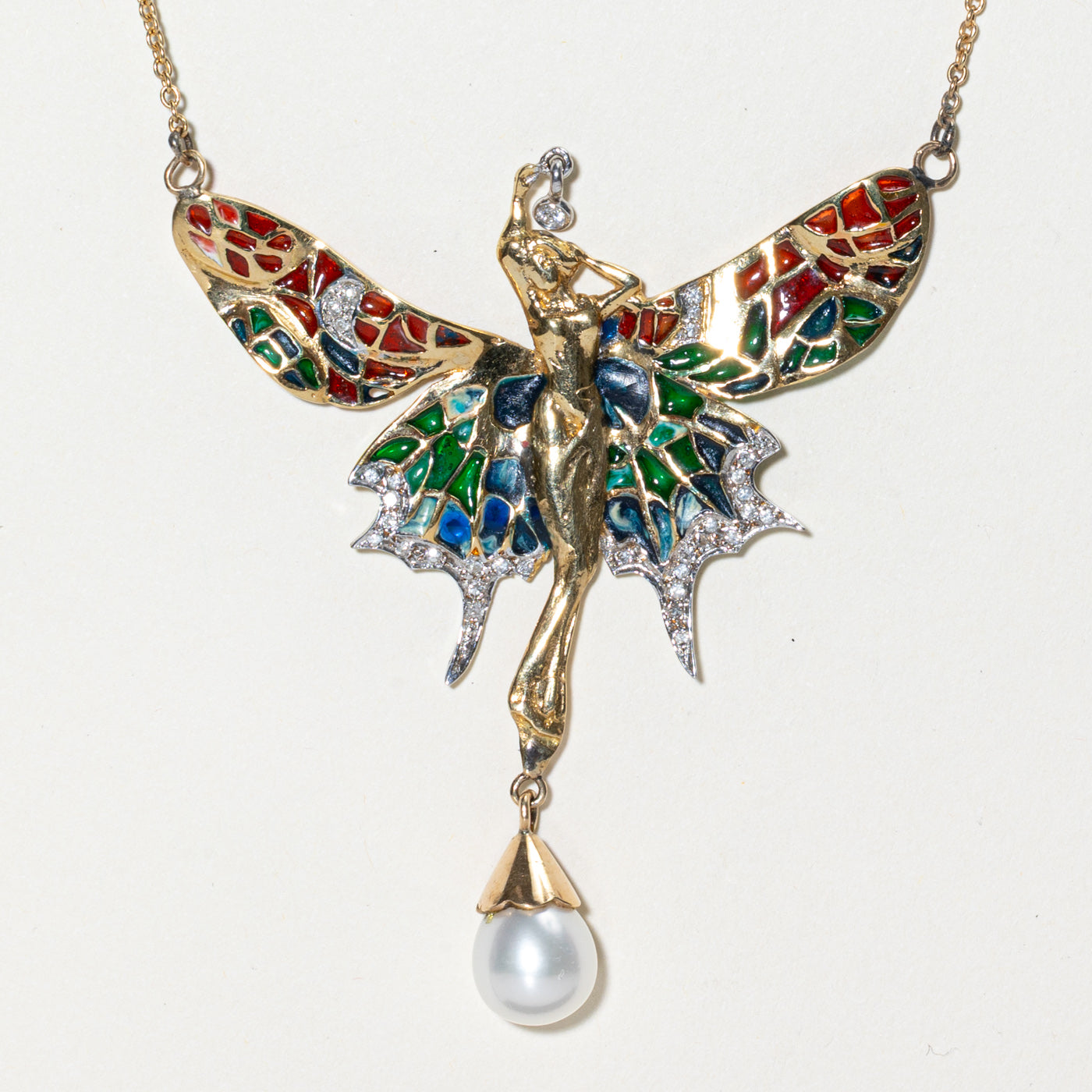 Diamond, Pearl & Enamel Fairy Pendant Necklace | 0.18ctw | 19"