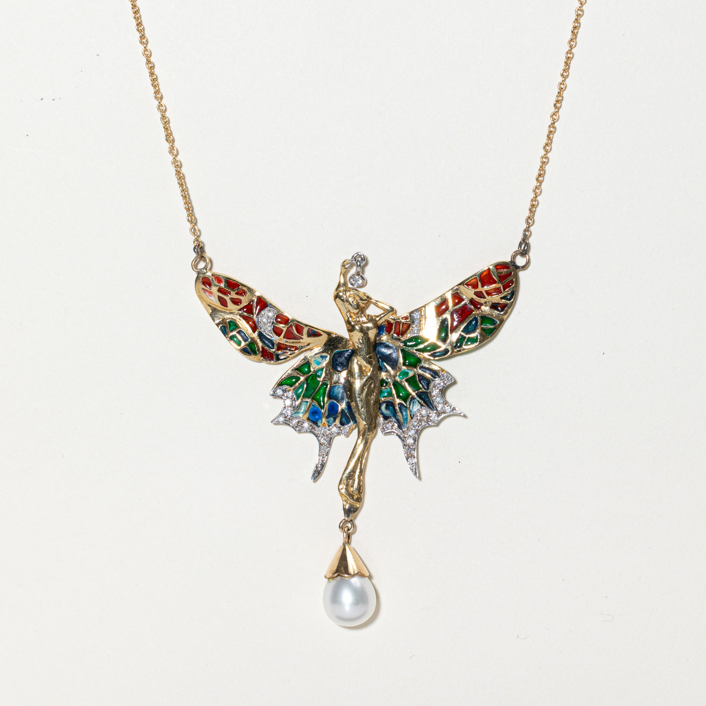 Diamond, Pearl & Enamel Fairy Pendant Necklace | 0.18ctw | 19"