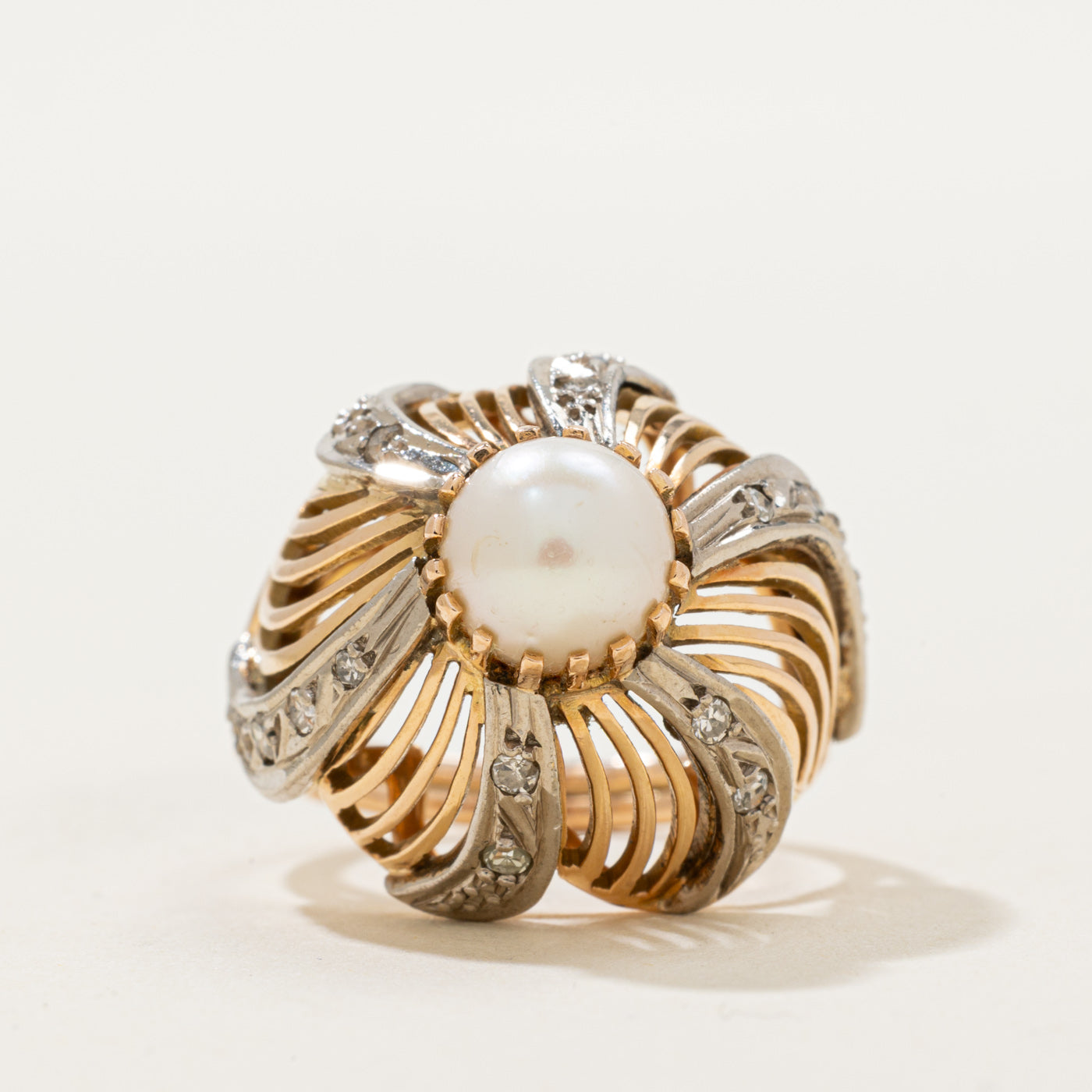 Pearl & Diamond Pinwheel Design Dome Ring | 0.08ctw | SZ 6