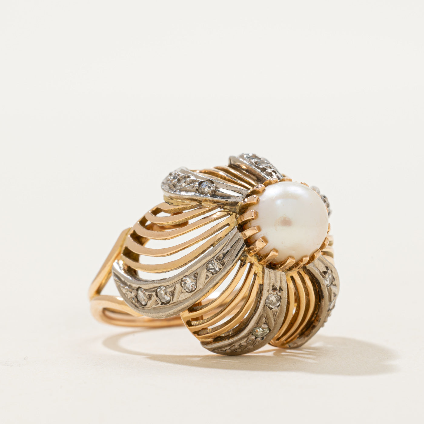 Pearl & Diamond Pinwheel Design Dome Ring | 0.08ctw | SZ 6