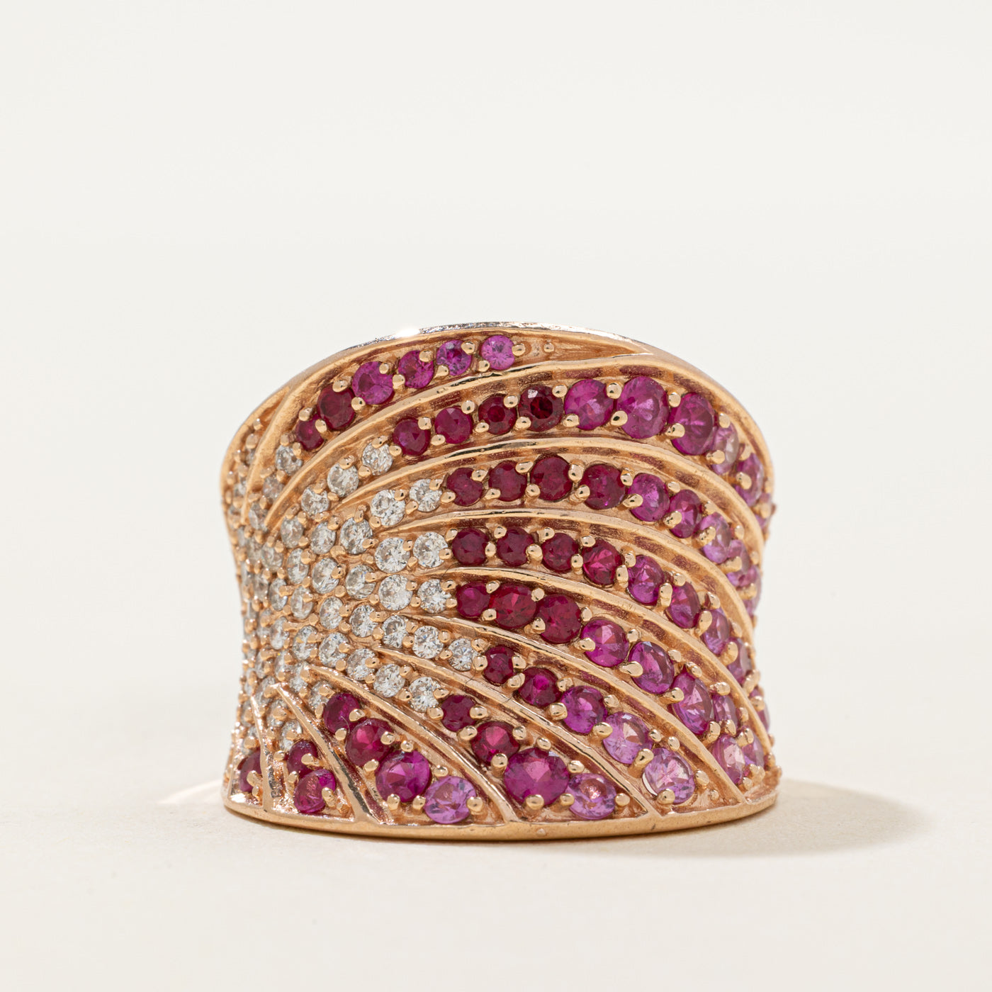 Ruby, Pink Sapphire & Diamond Gradient Curved Cocktail Ring | 1.60ctw, 0.42ctw | SZ 7