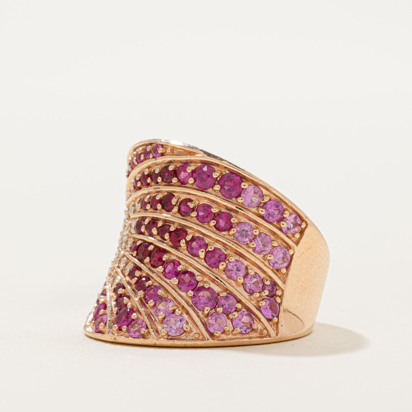 Ruby, Pink Sapphire & Diamond Gradient Curved Cocktail Ring | 1.60ctw, 0.42ctw | SZ 7