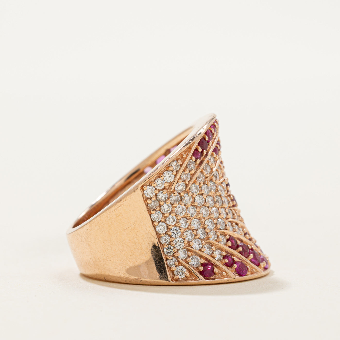 Ruby, Pink Sapphire & Diamond Gradient Curved Cocktail Ring | 1.60ctw, 0.42ctw | SZ 7