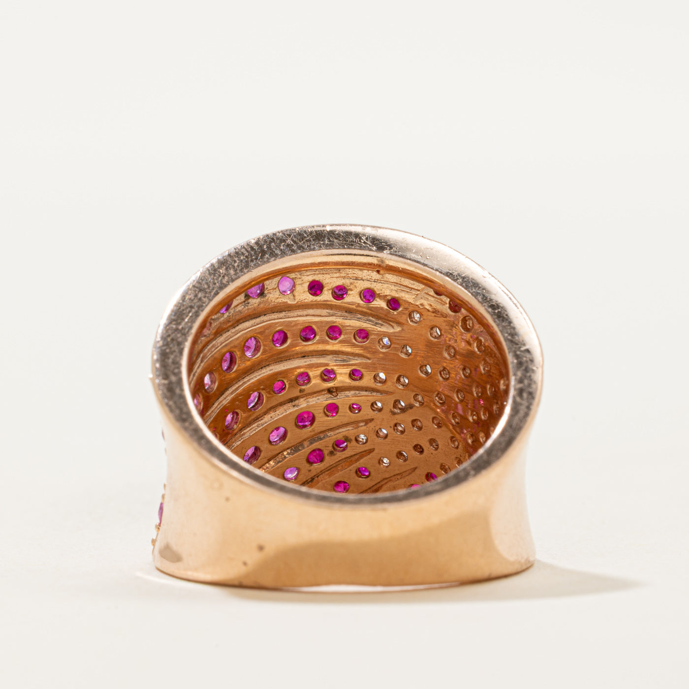 Ruby, Pink Sapphire & Diamond Gradient Curved Cocktail Ring | 1.60ctw, 0.42ctw | SZ 7