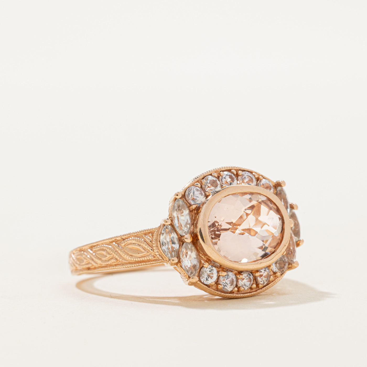 East West Morganite & White Sapphire Halo Cocktail Ring | 2.48ctw | SZ 9