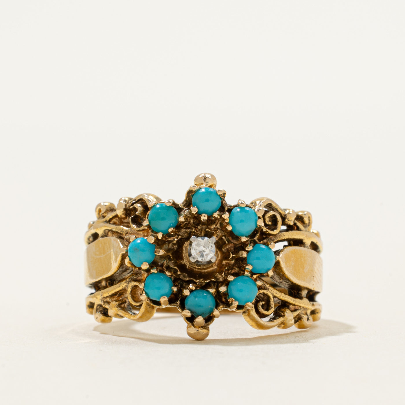 Turquoise & Diamond Scrollwork Ornate Cocktail Ring | 0.48ctw, 0.03ct | SZ 7