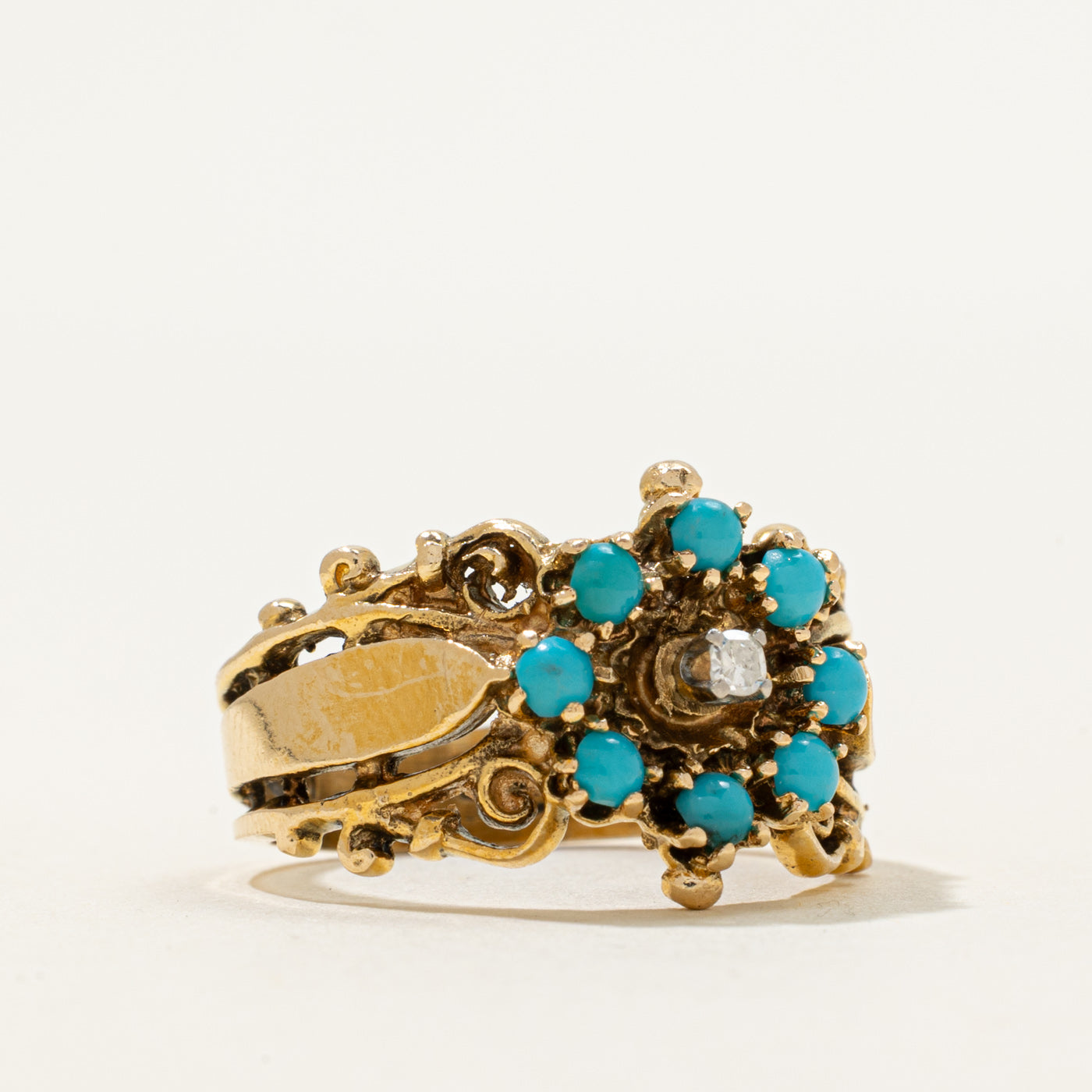 Turquoise & Diamond Scrollwork Ornate Cocktail Ring | 0.48ctw, 0.03ct | SZ 7