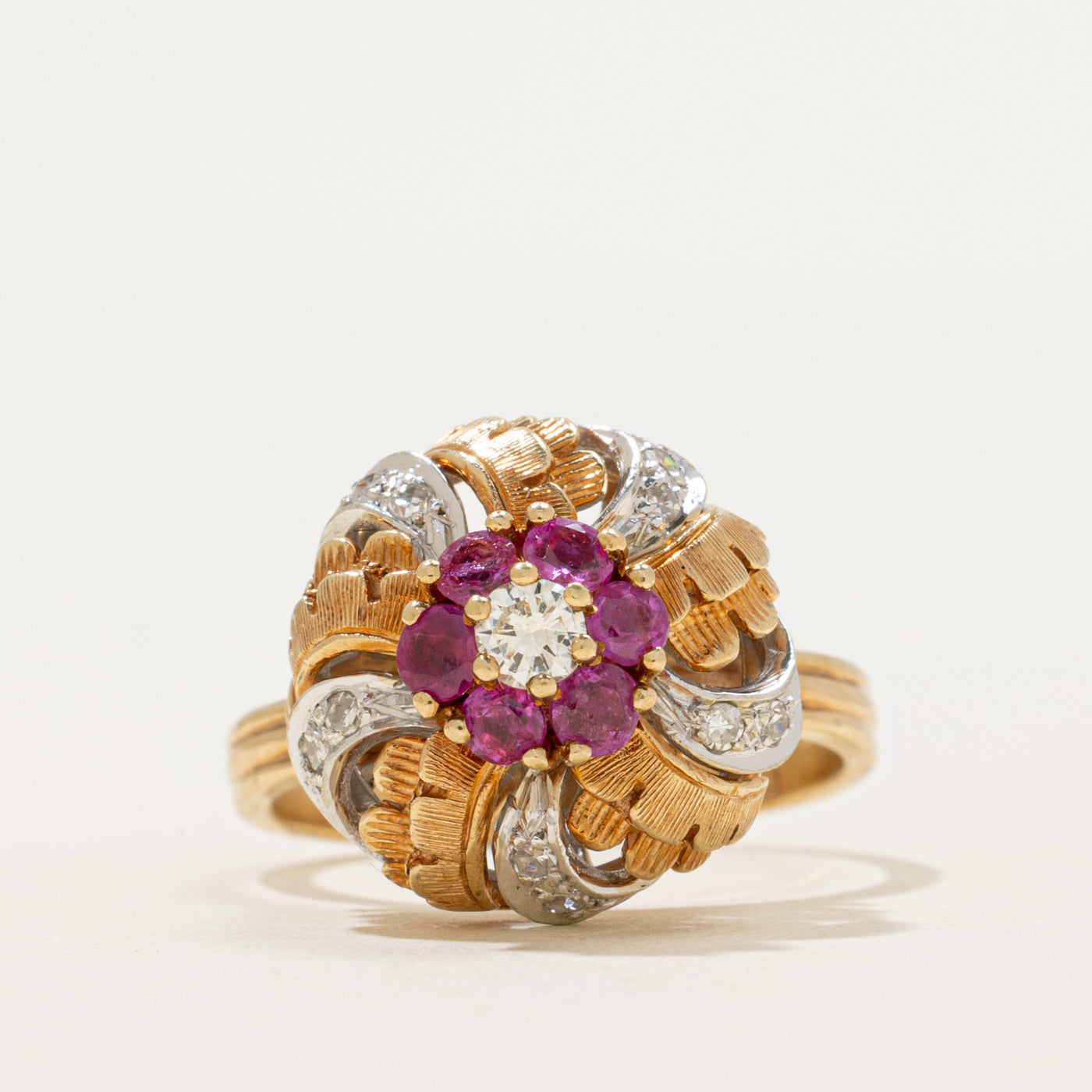 Ruby & Diamond Cluster Engraved Cocktail Ring | 0.36ctw, 0.22ctw | SZ 7