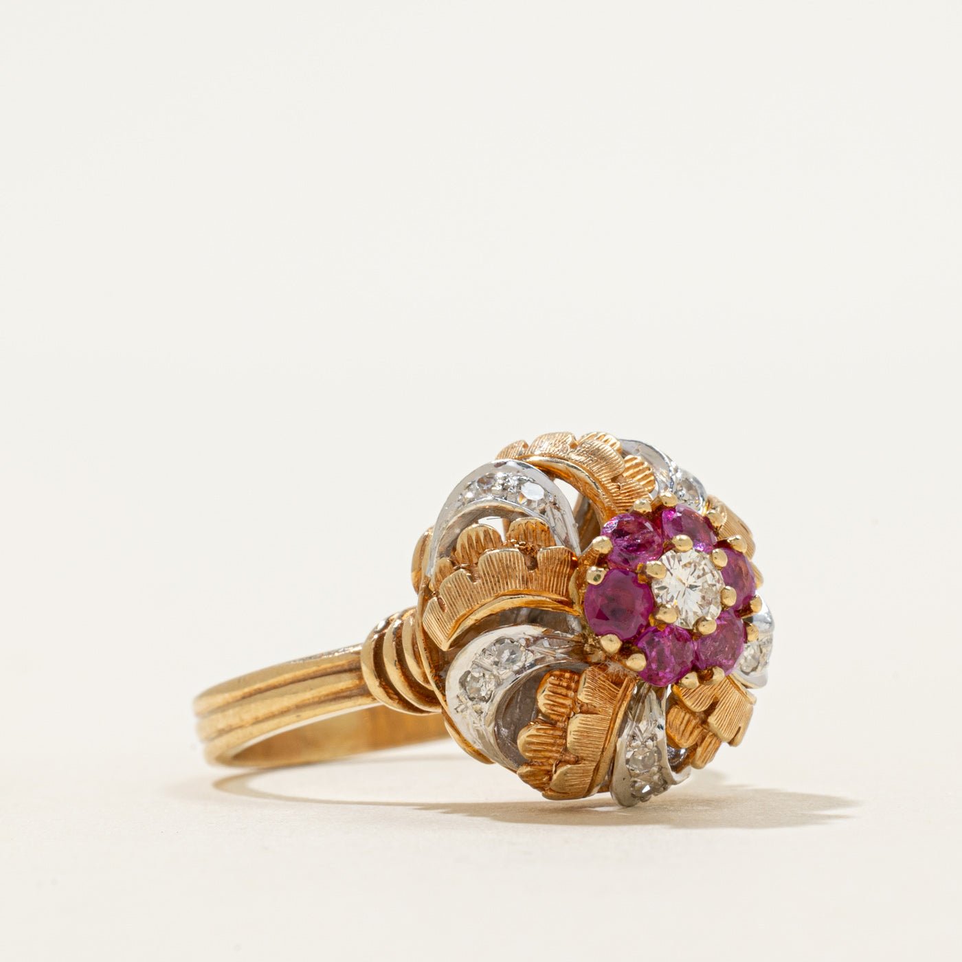 Ruby & Diamond Cluster Engraved Cocktail Ring | 0.36ctw, 0.22ctw | SZ 7