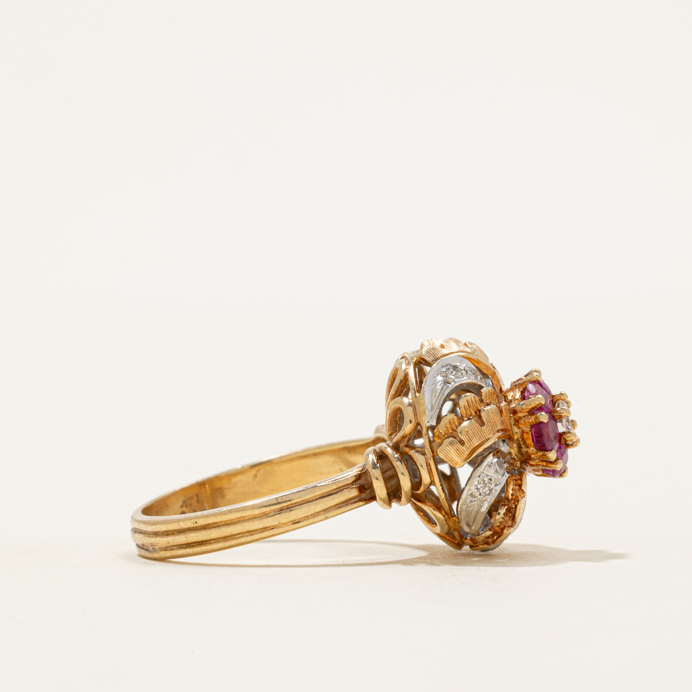 Ruby & Diamond Cluster Engraved Cocktail Ring | 0.36ctw, 0.22ctw | SZ 7