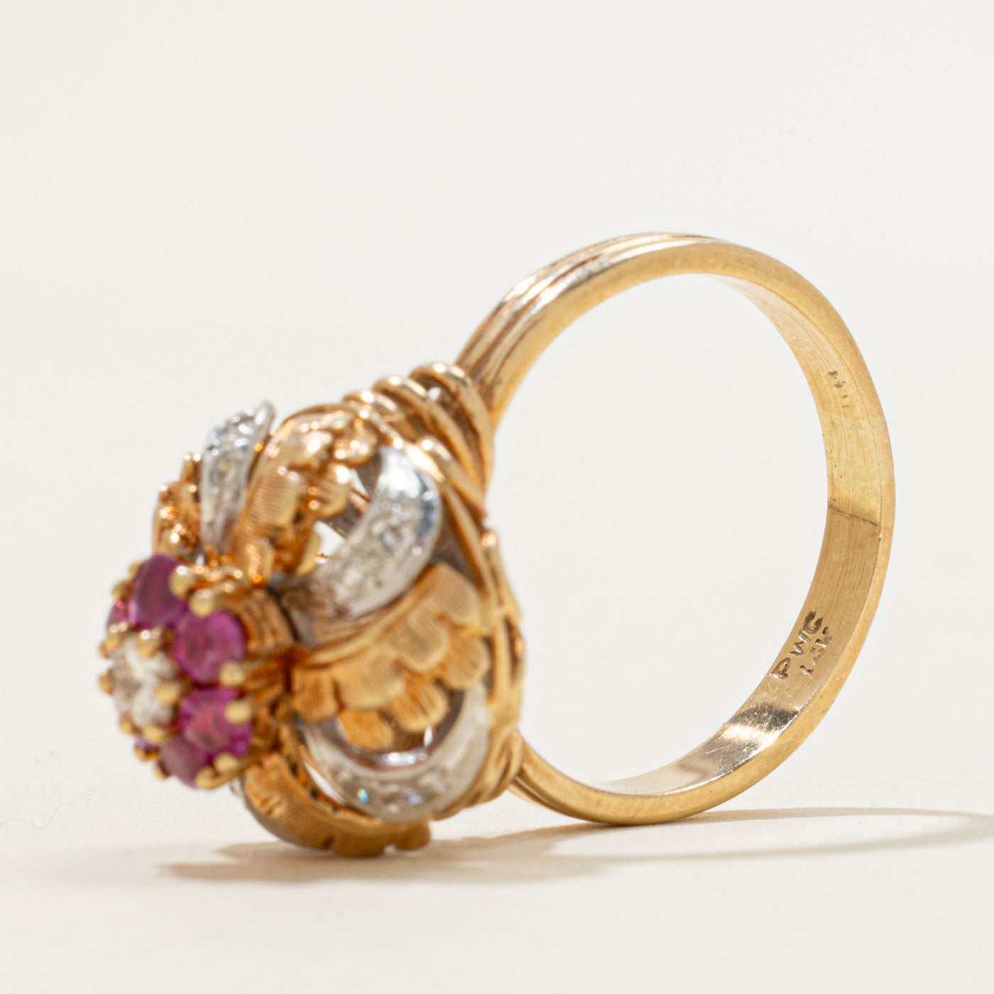 Ruby & Diamond Cluster Engraved Cocktail Ring | 0.36ctw, 0.22ctw | SZ 7