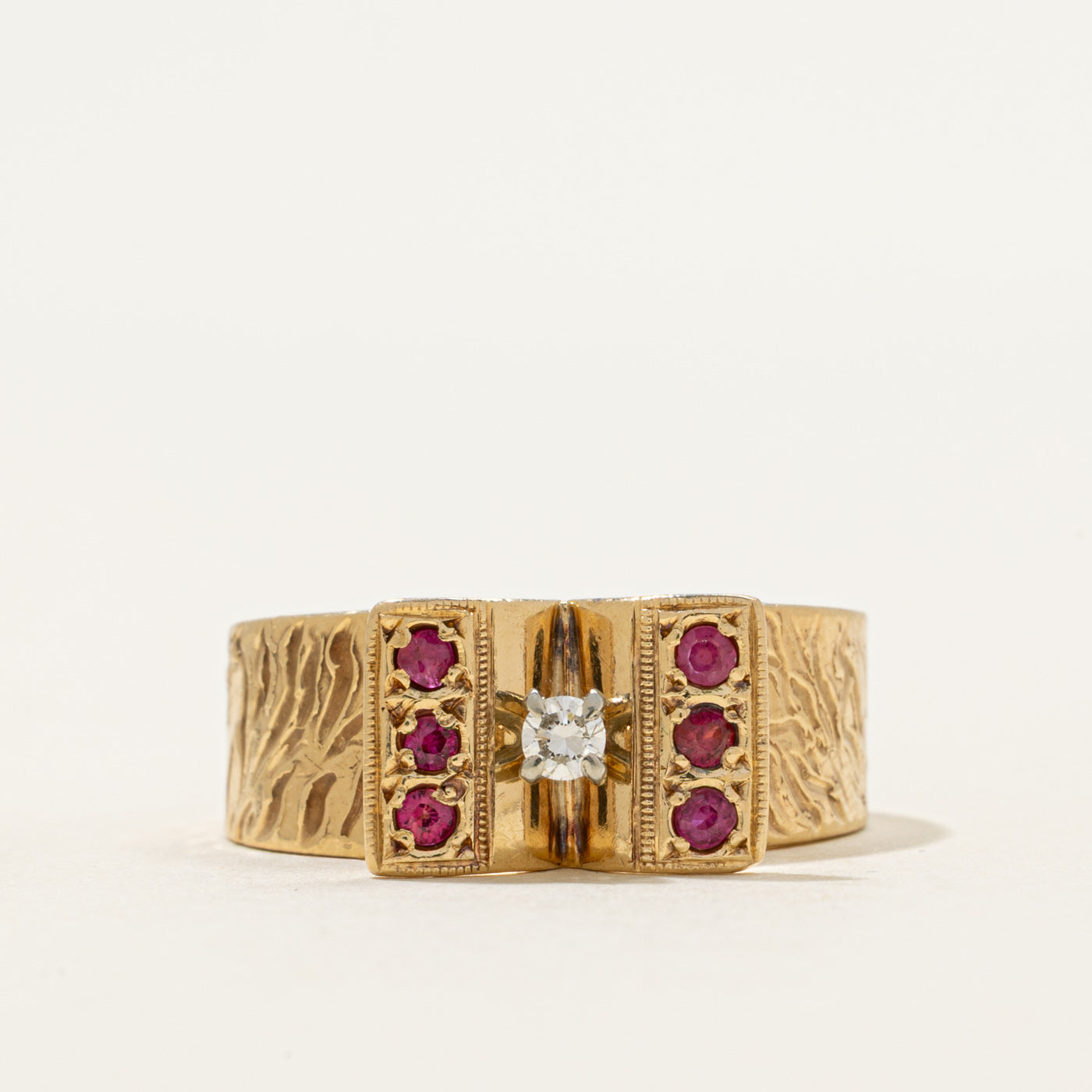 Ruby & Diamond Textured Cocktail Ring | 0.18ctw, 0.07ct | SZ 9.25