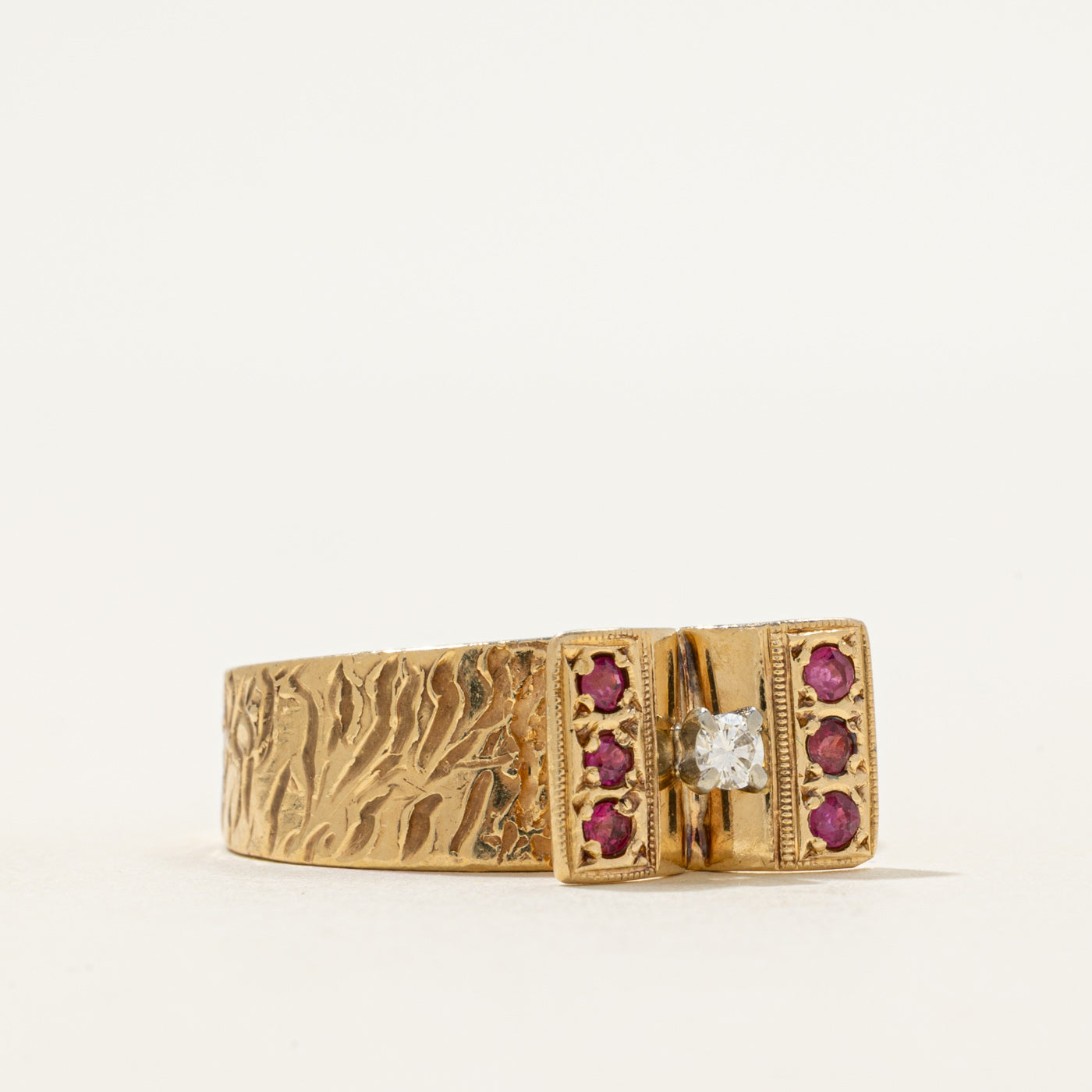 Ruby & Diamond Textured Cocktail Ring | 0.18ctw, 0.07ct | SZ 9.25