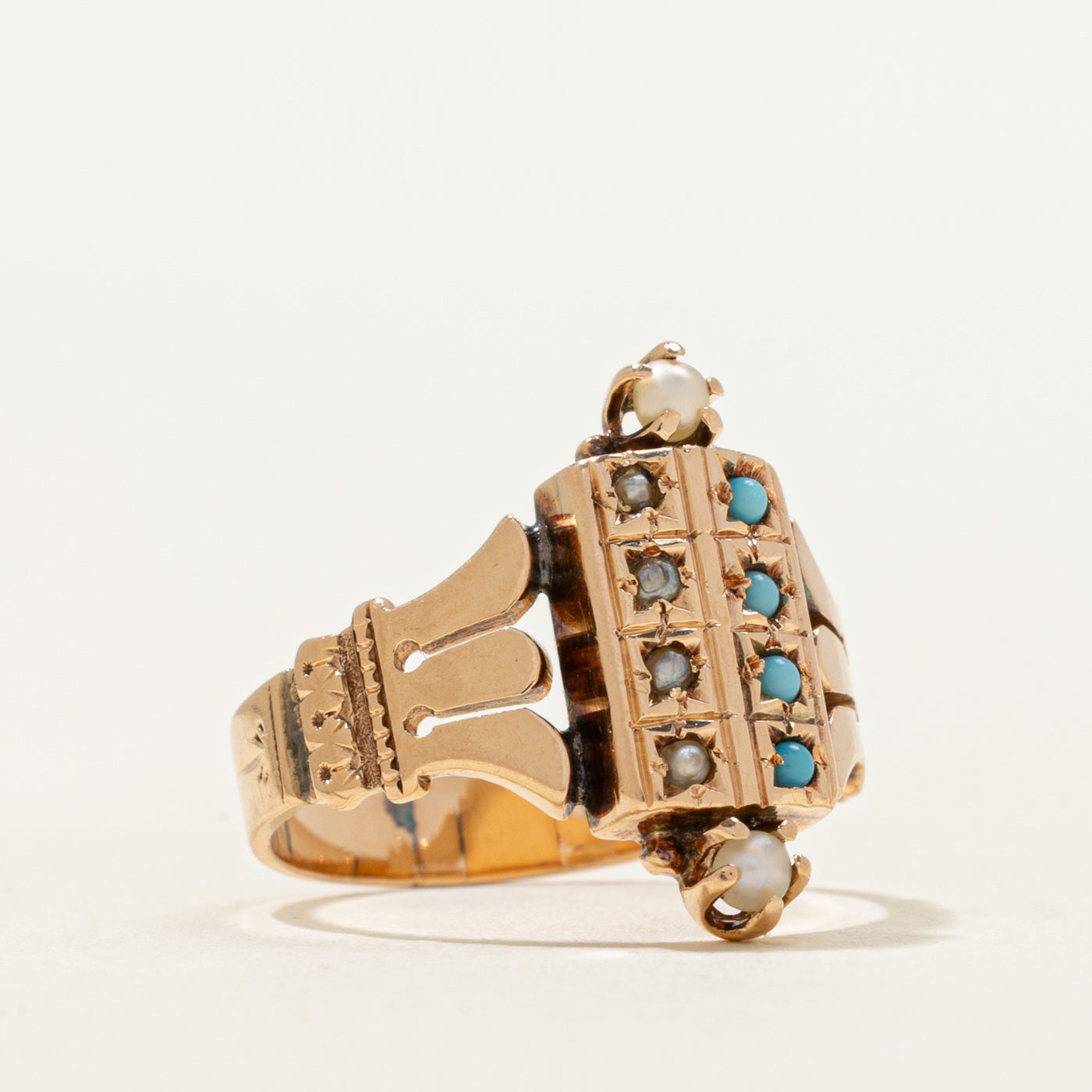 Turquoise & Seed Pearl Ornate Ring | 0.04ctw | SZ 4