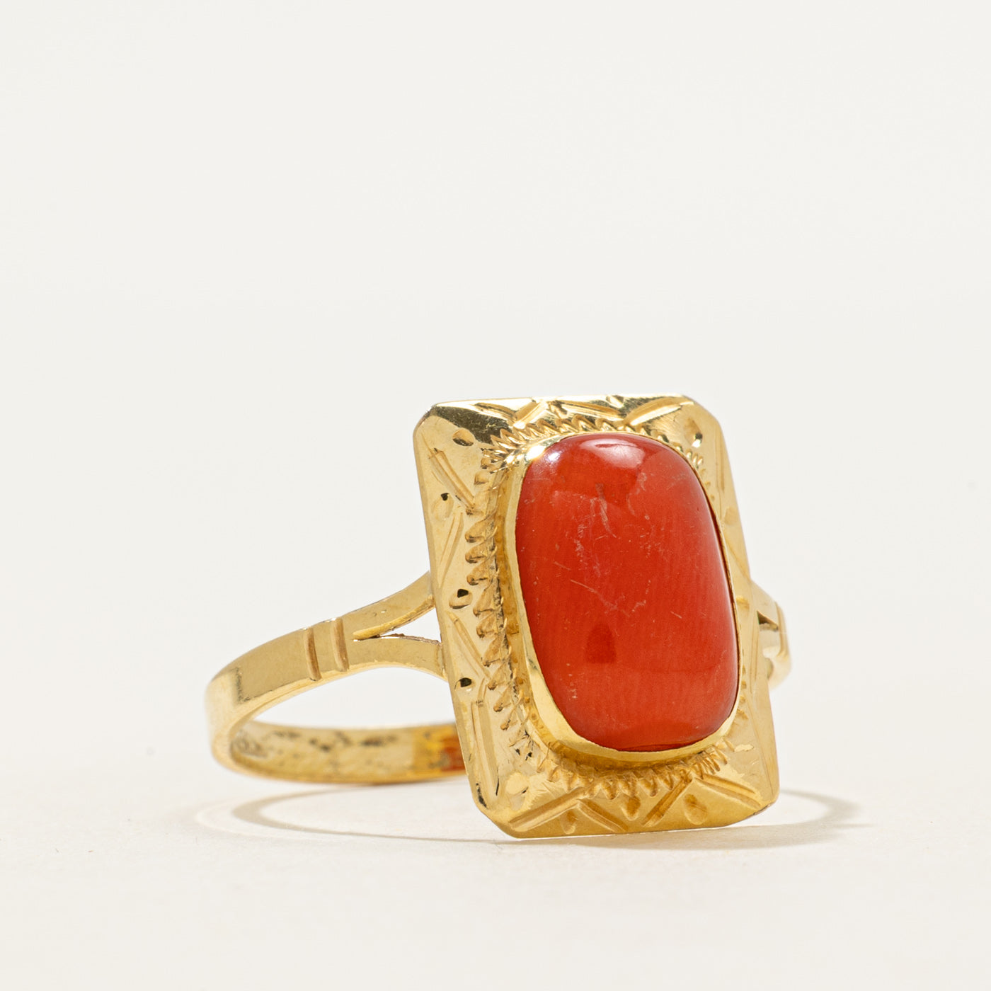 Italian 18k Bezel Set Coral Engraved Ring | 2.10ct | SZ 7.75