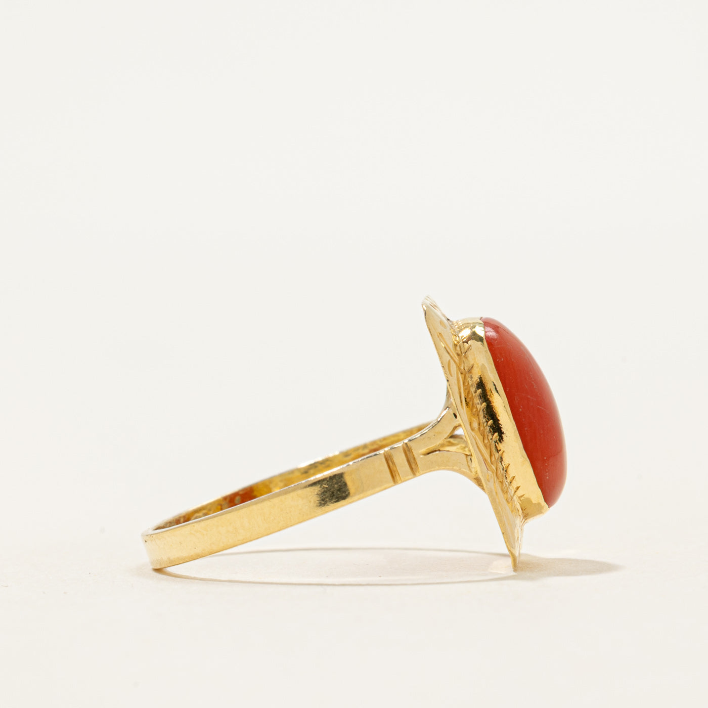 Italian 18k Bezel Set Coral Engraved Ring | 2.10ct | SZ 7.75