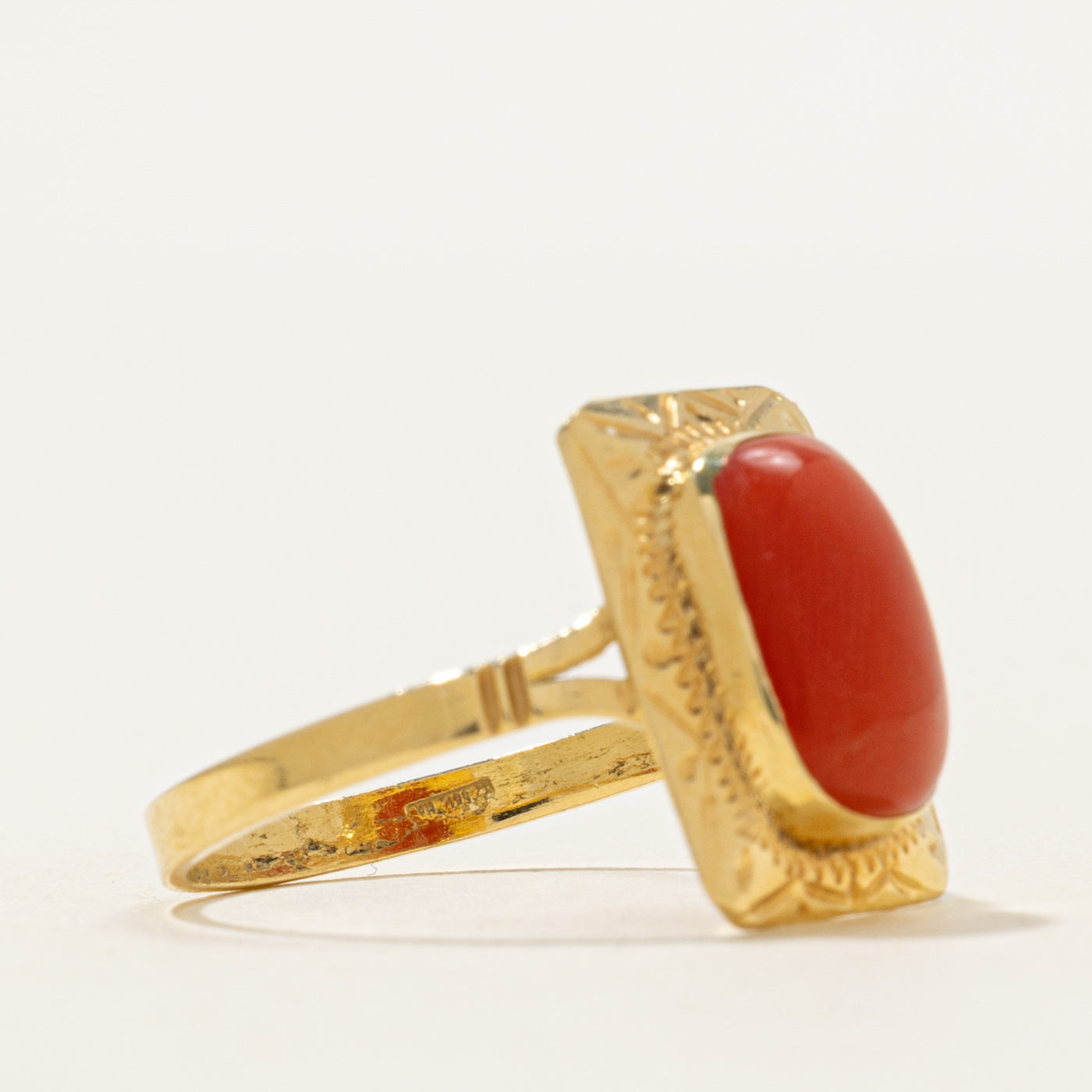 Italian 18k Bezel Set Coral Engraved Ring | 2.10ct | SZ 7.75