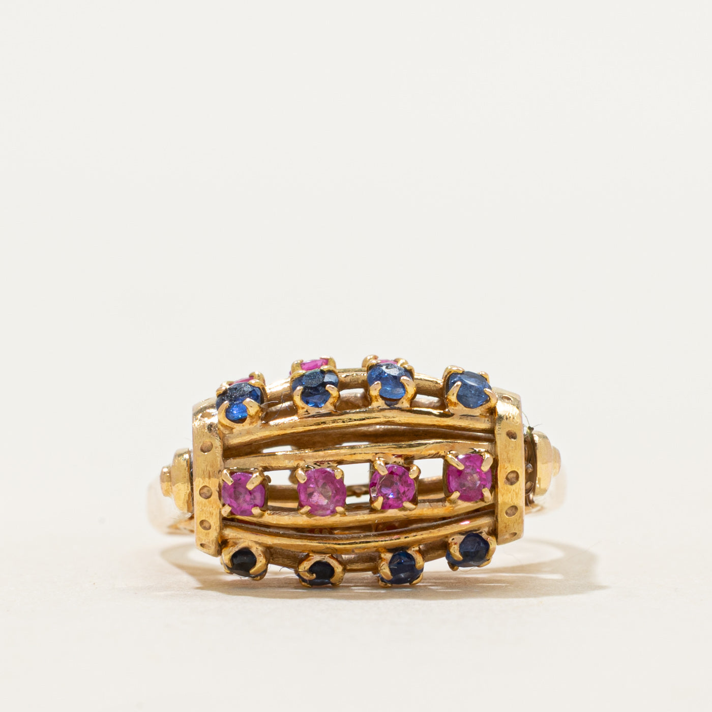 Multi-Row Ruby & Sapphire Barrel Kinetic Ring | 0.72ctw | SZ 6.25