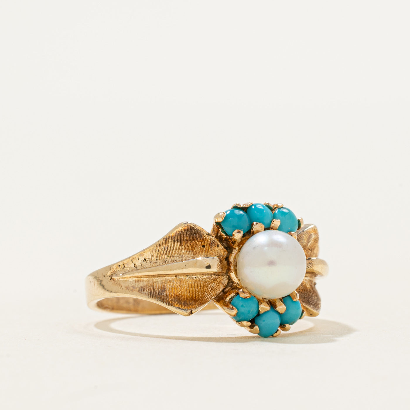 Cabochon Turquoise & Pearl Textured Ring | 0.36ctw | SZ 6.25