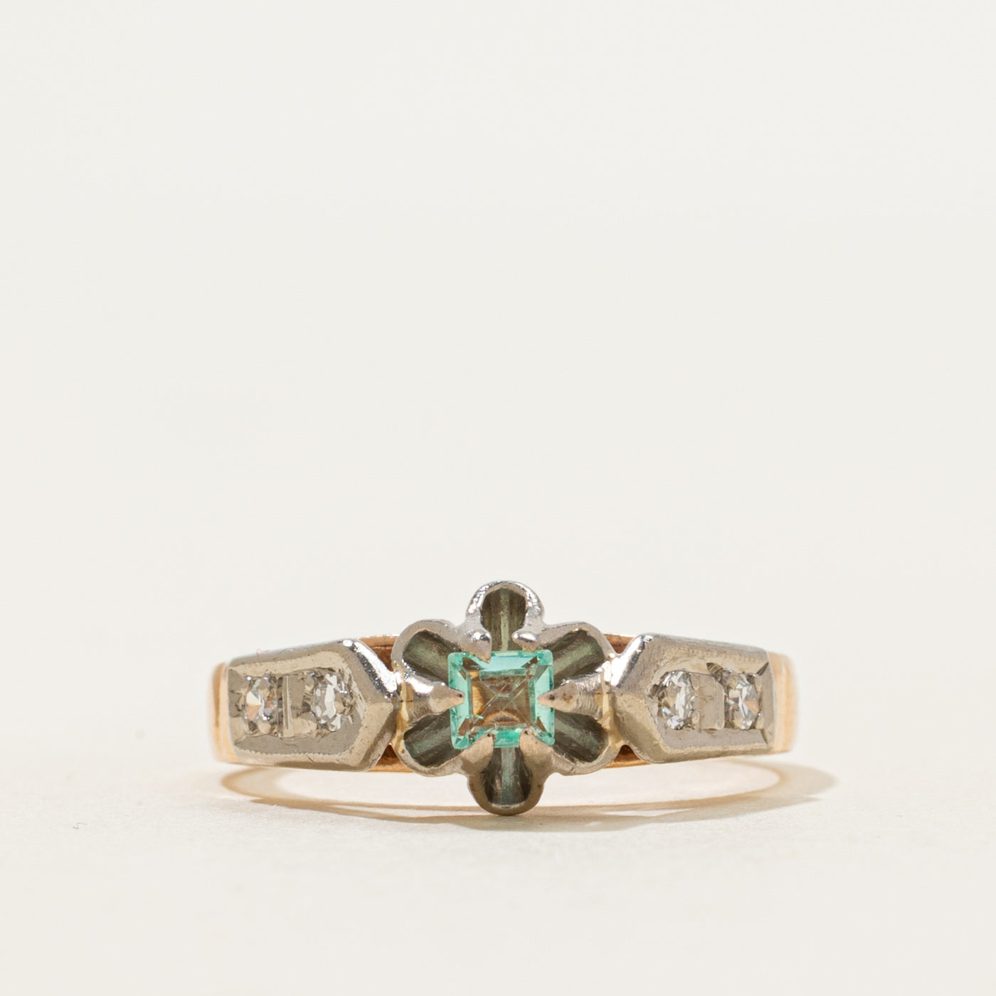 1980 Odessa Two-Tone Belcher Set Emerald & Diamond Ring | 0.11ct, 0.08ctw | SZ 3