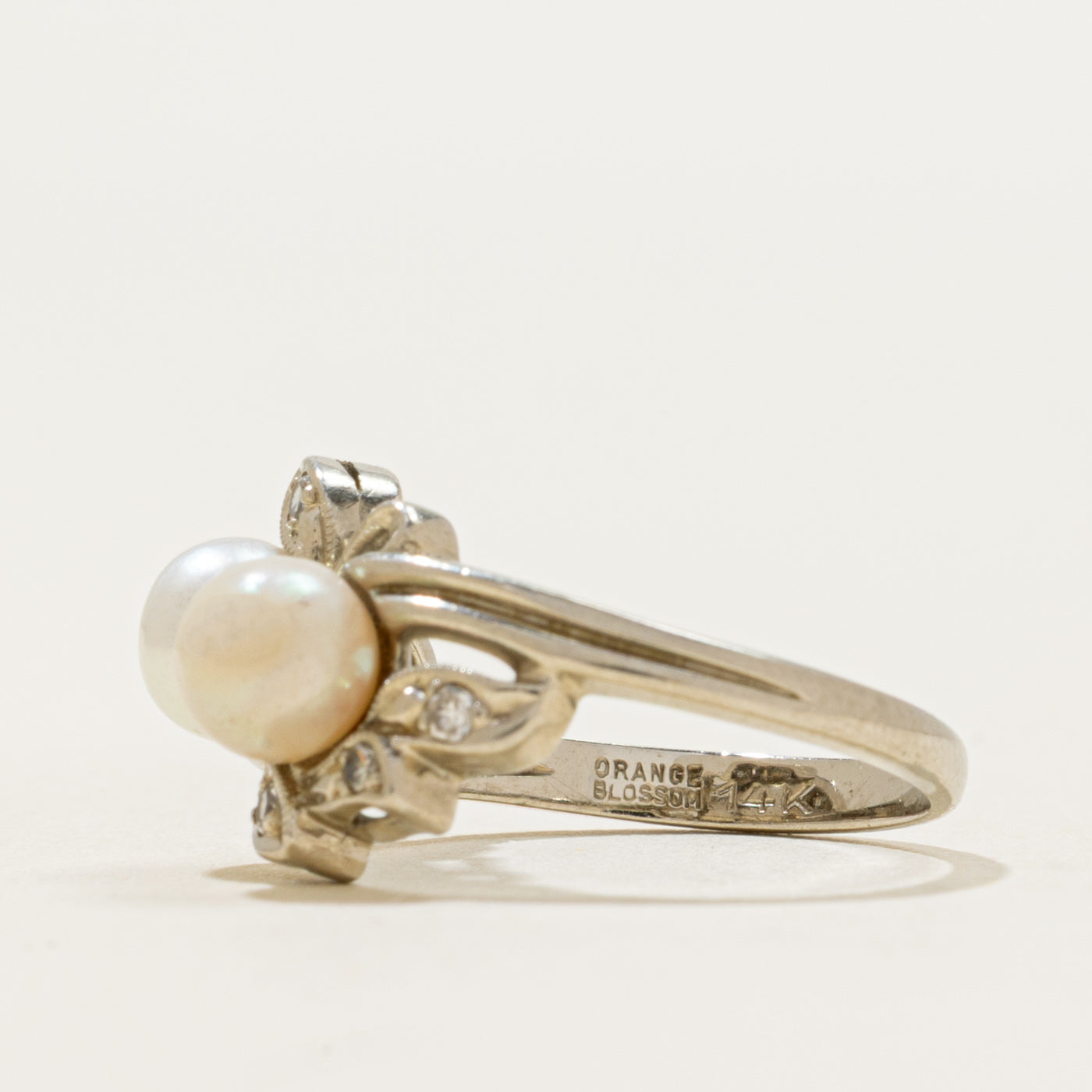 'Orange Blossom' Toi et Moi Pearl & Diamond Leafy Ring | 0.06ctw | SZ 4