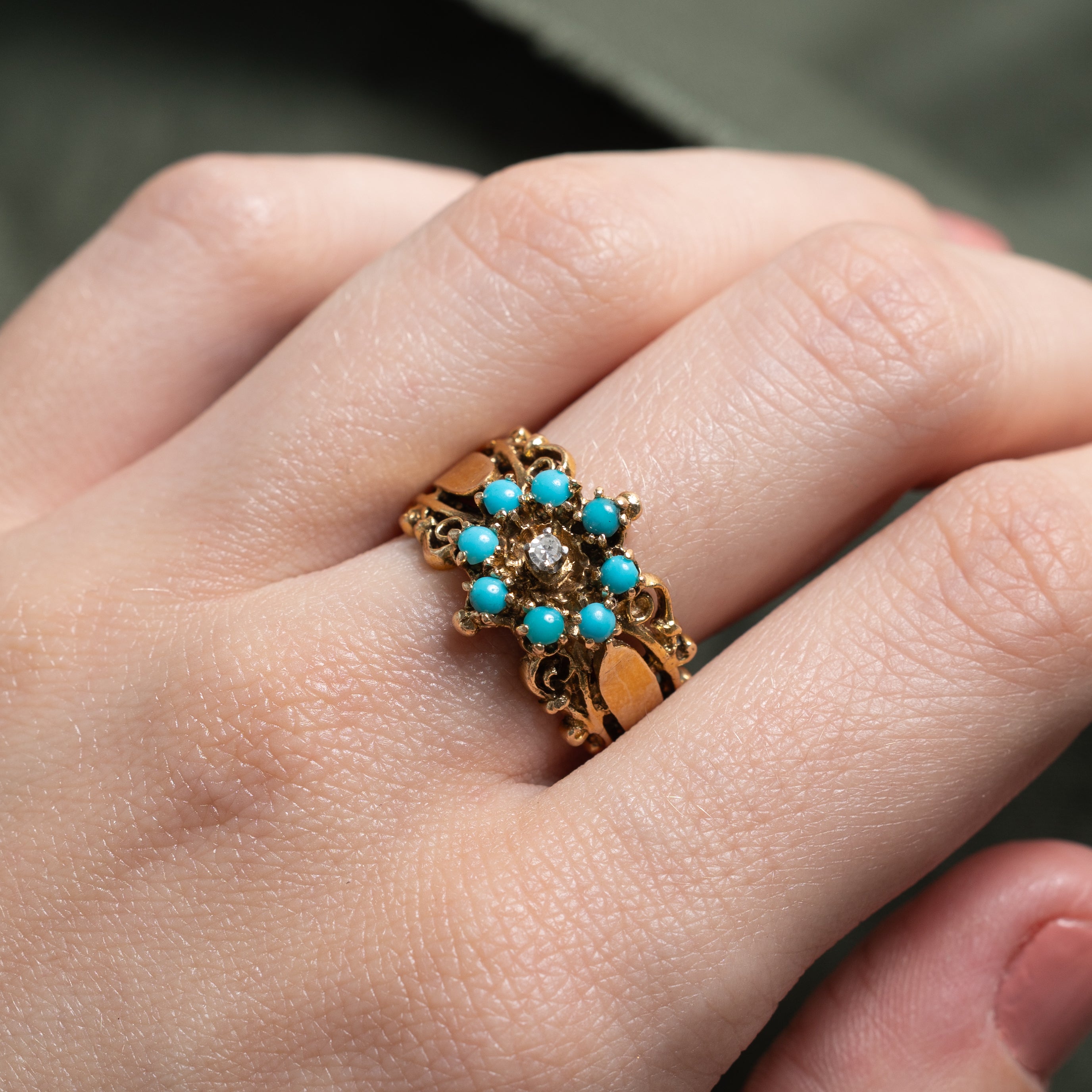 Turquoise & Diamond Scrollwork Ornate Cocktail Ring | 0.48ctw, 0.03ct | SZ 7