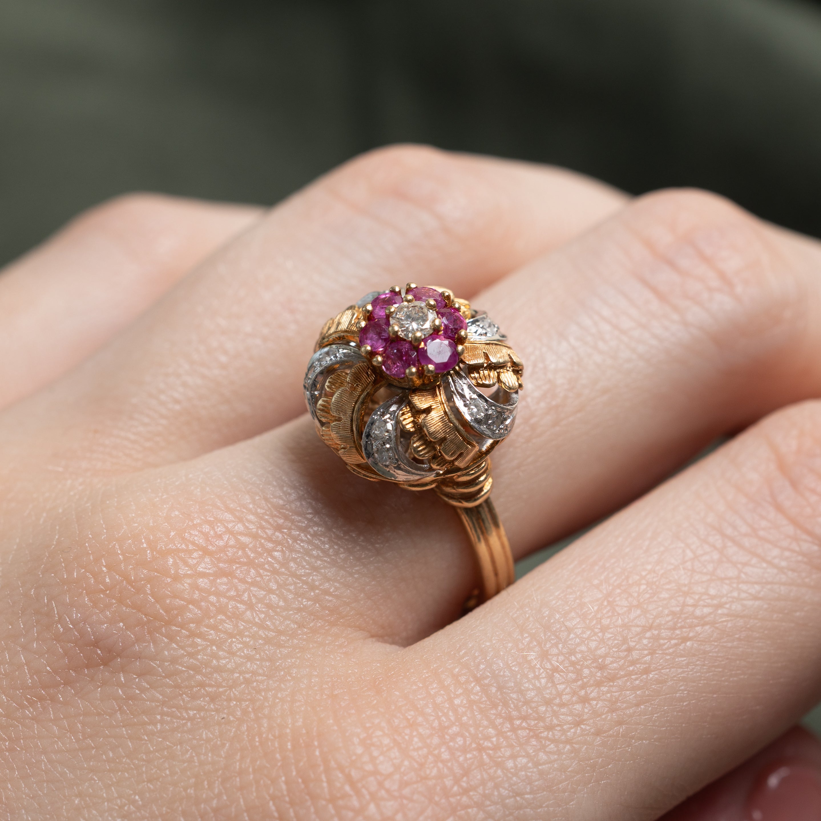 Ruby & Diamond Cluster Engraved Cocktail Ring | 0.36ctw, 0.22ctw | SZ 7
