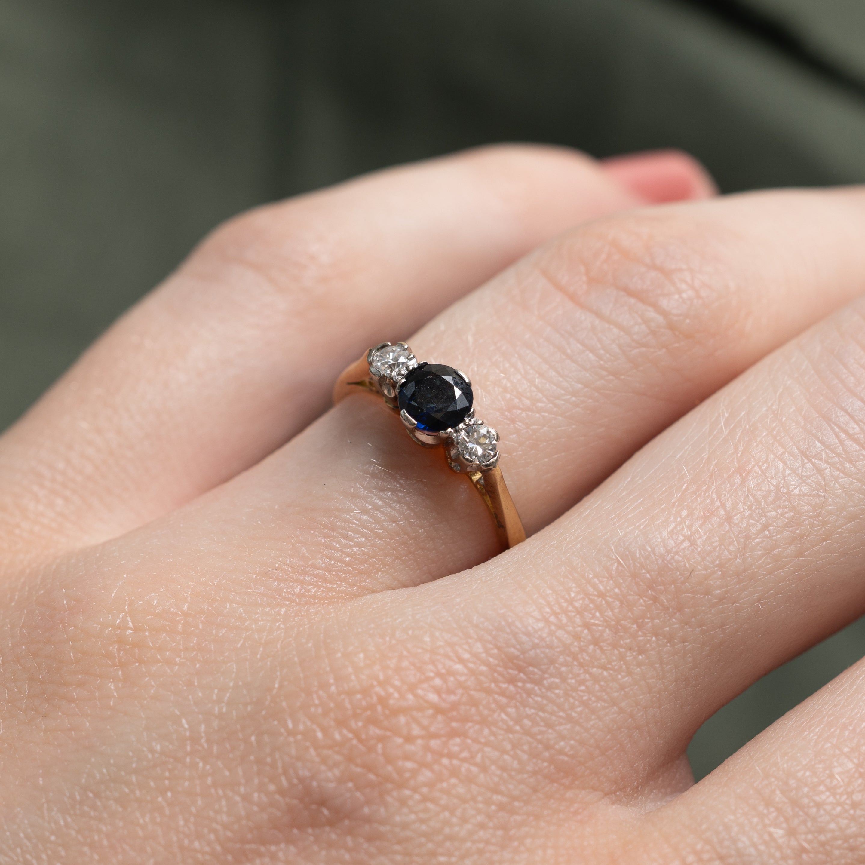 18k Three Stone Sapphire & Diamond Ring | 0.38ct, 0.12ctw | SZ 4.25