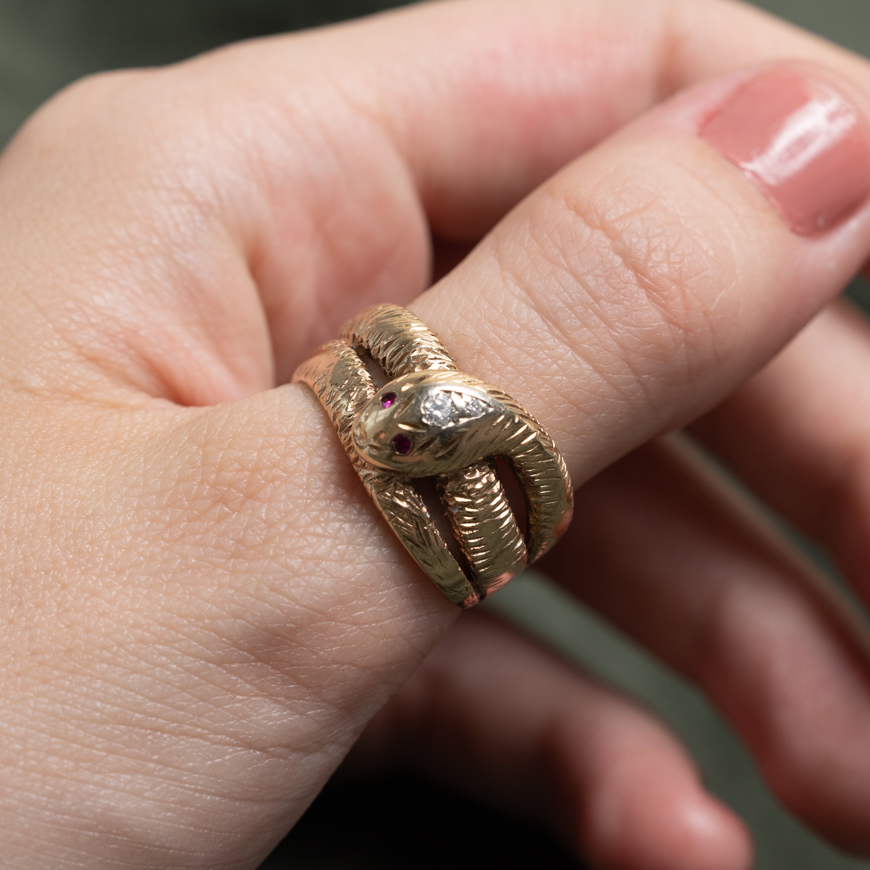 Diamond & Synthetic Ruby Snake Ring | 0.08ctw, 0.02ctw | SZ 9