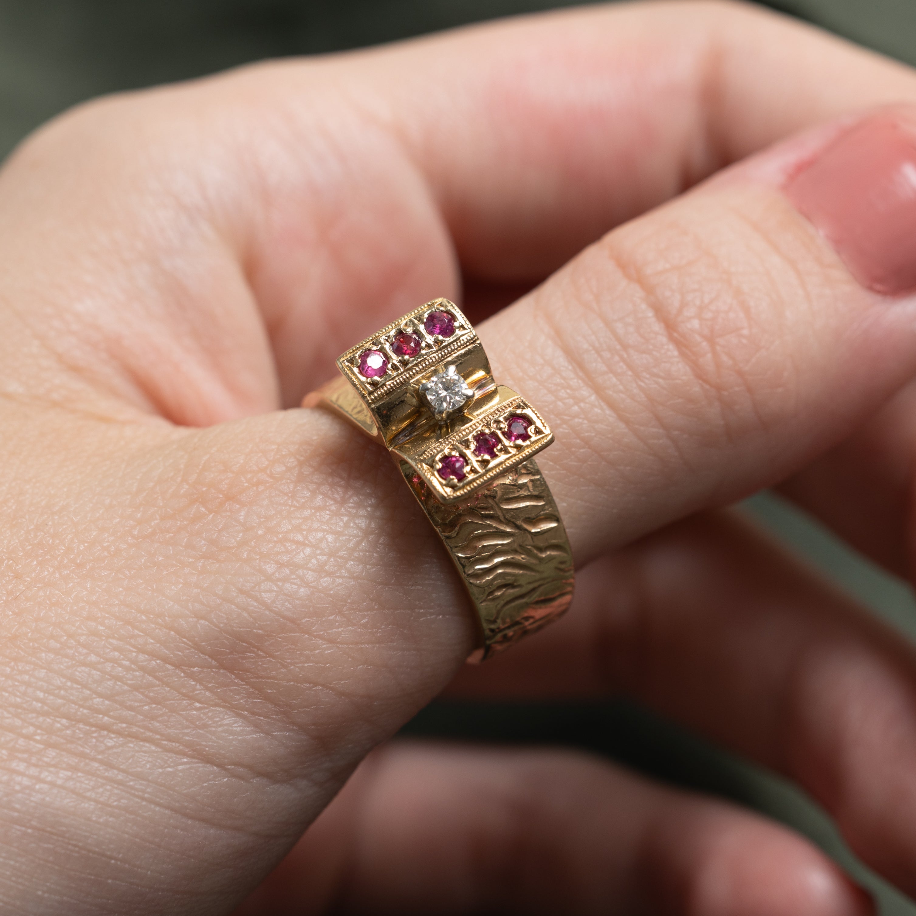 Ruby & Diamond Textured Cocktail Ring | 0.18ctw, 0.07ct | SZ 9.25