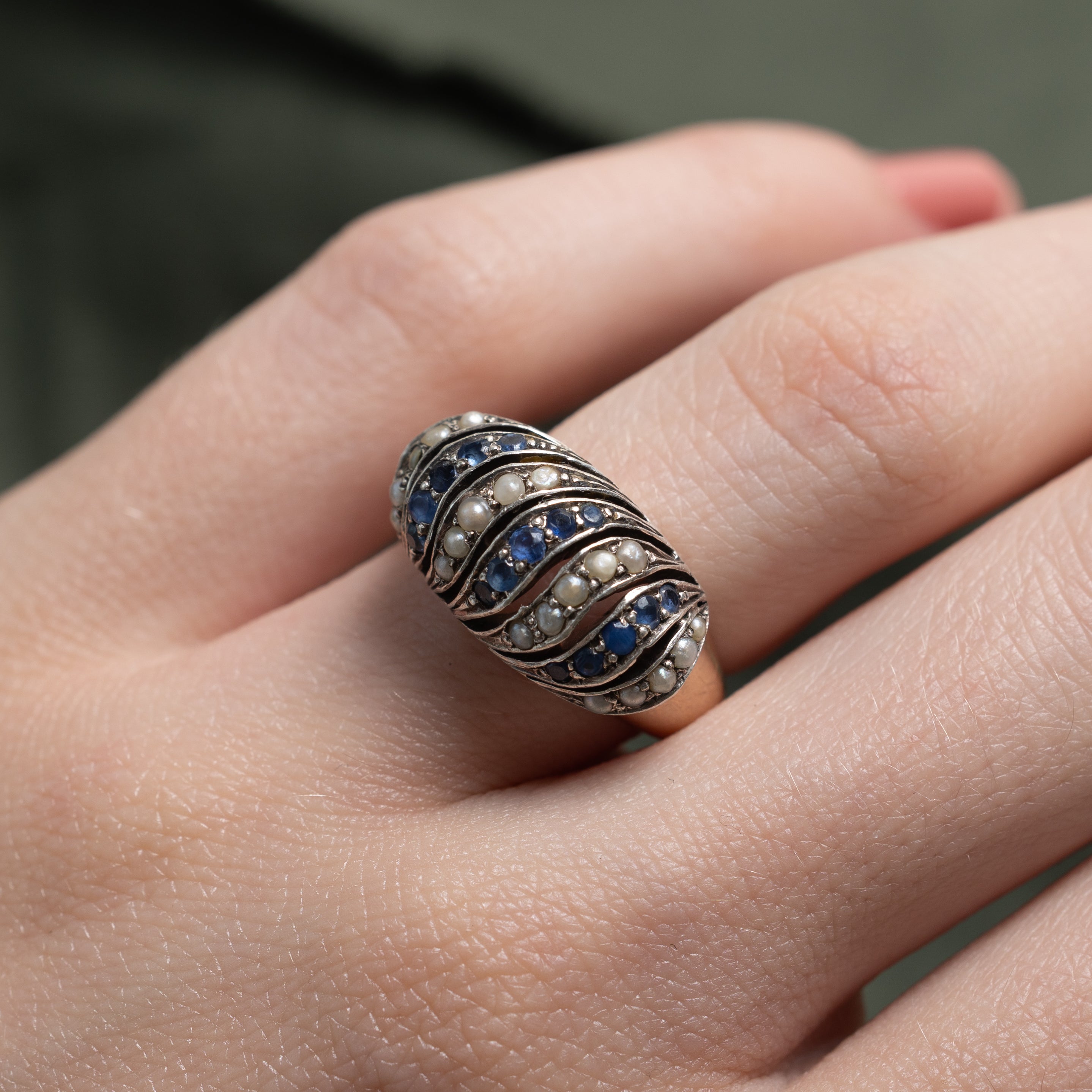Sapphire & Seed Pearl Waterfall Dome Ring | 0.24ctw | SZ 5.25