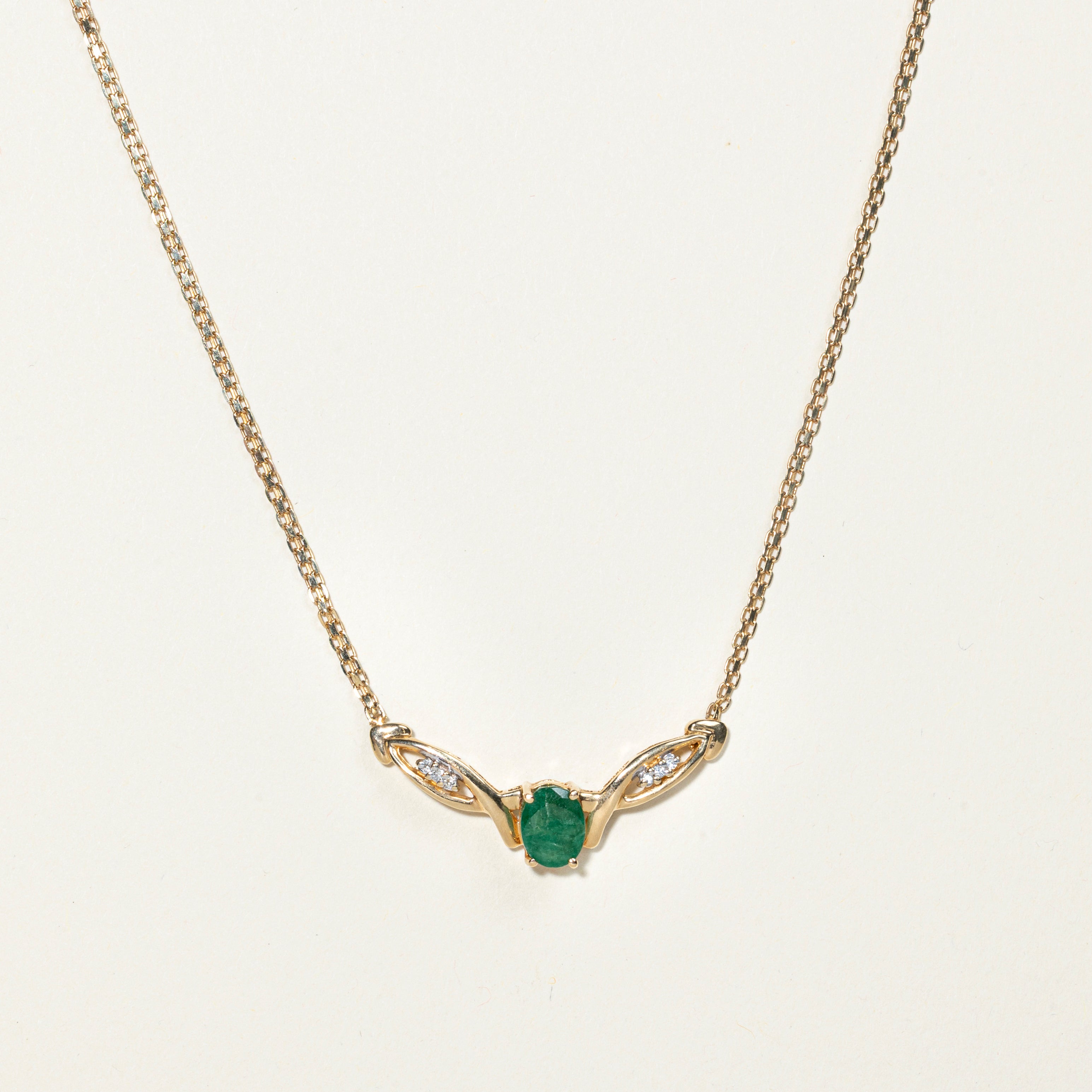 Oval Cut Emerald & Diamond Pendant Necklace | 1.55ct, 0.07ctw | 18"