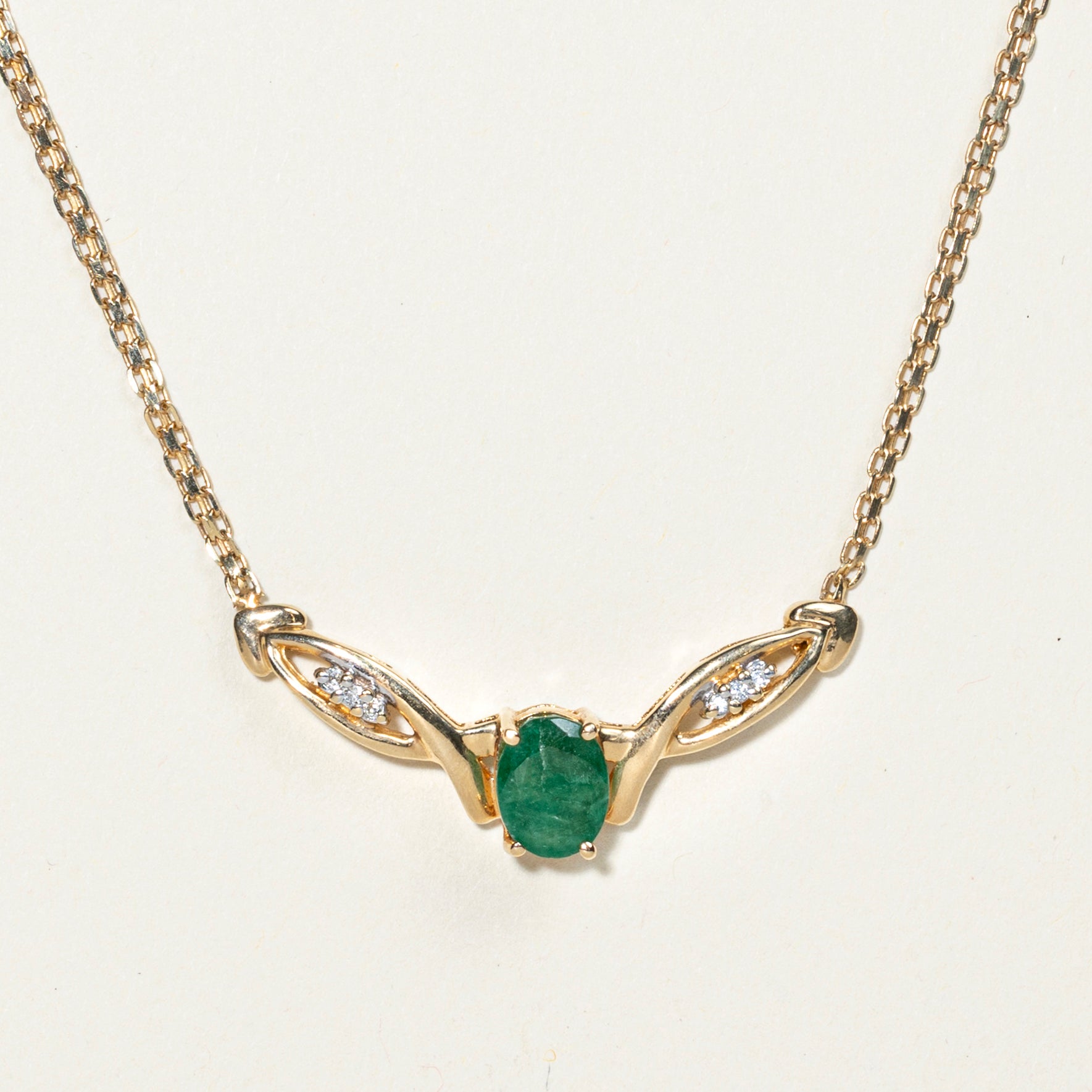 Oval Cut Emerald & Diamond Pendant Necklace | 1.55ct, 0.07ctw | 18"