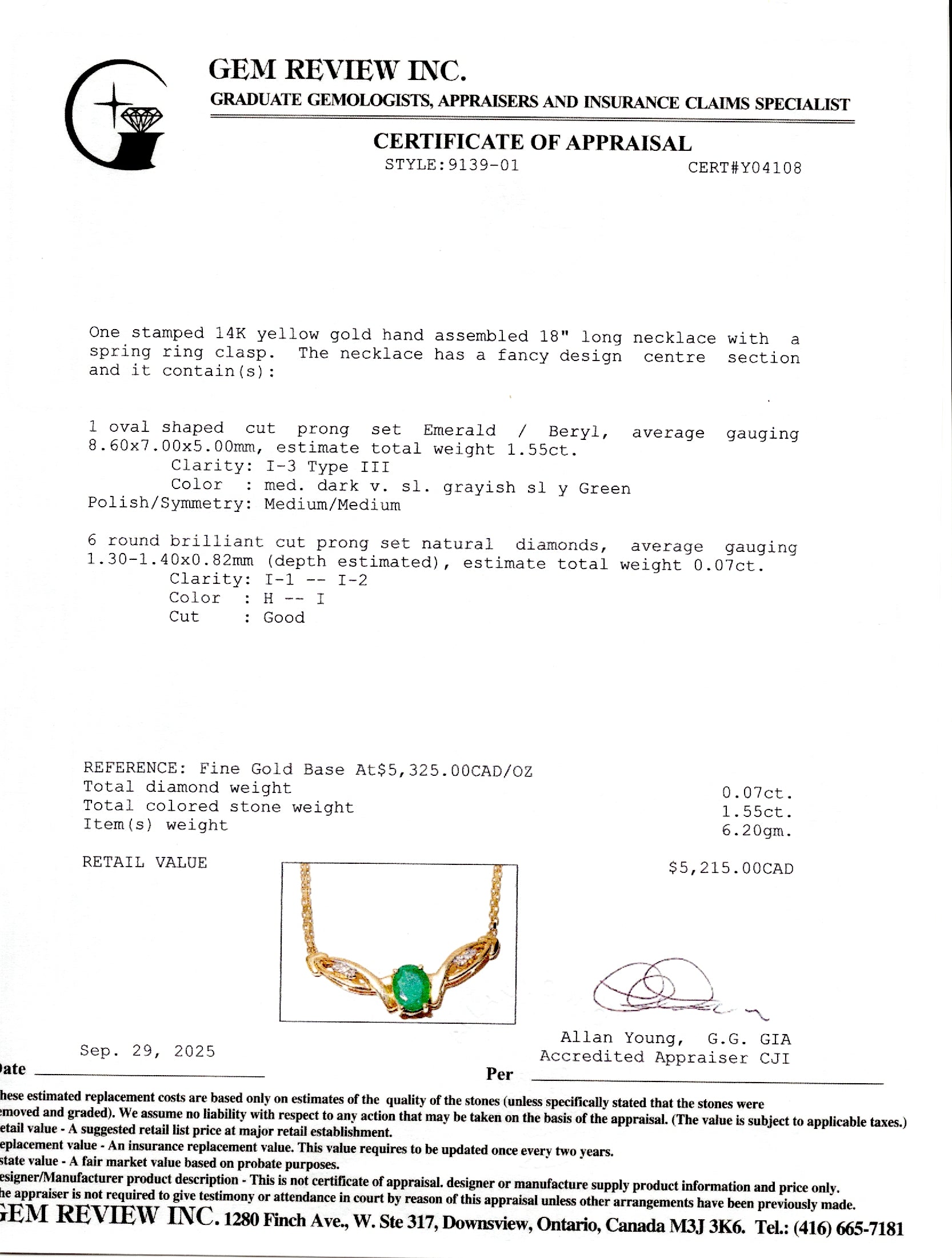 Oval Cut Emerald & Diamond Pendant Necklace | 1.55ct, 0.07ctw | 18"