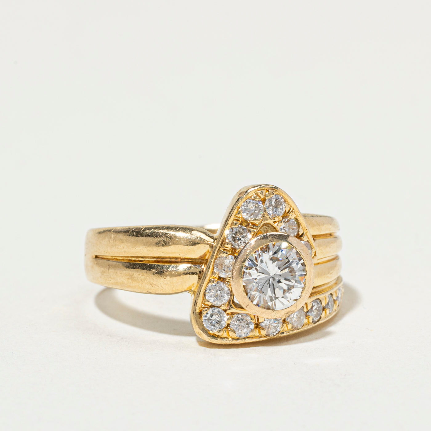 18k Bezel Set Diamond Triangle Halo Ring | 0.99ctw | SZ 6.75