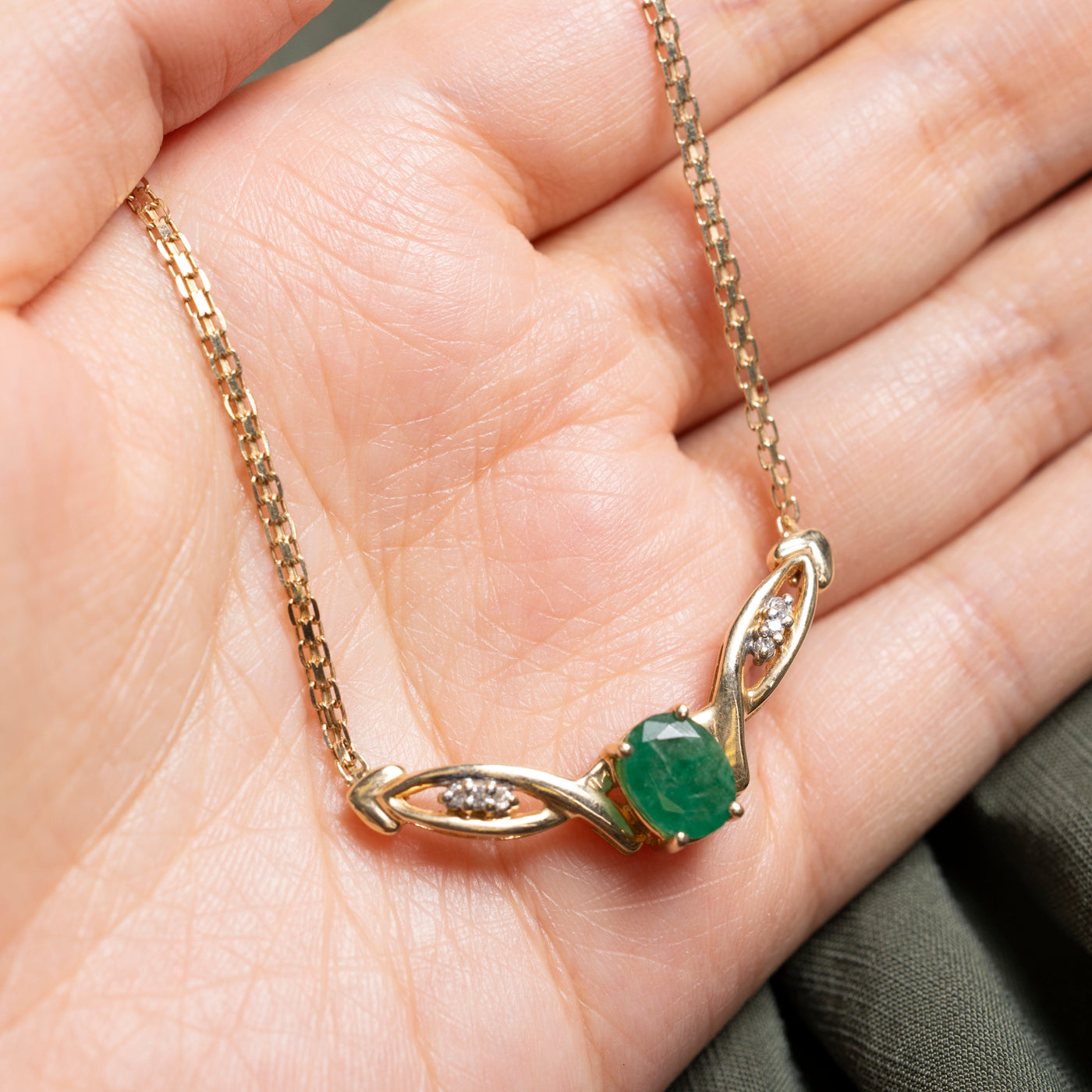 Oval Cut Emerald & Diamond Pendant Necklace | 1.55ct, 0.07ctw | 18"