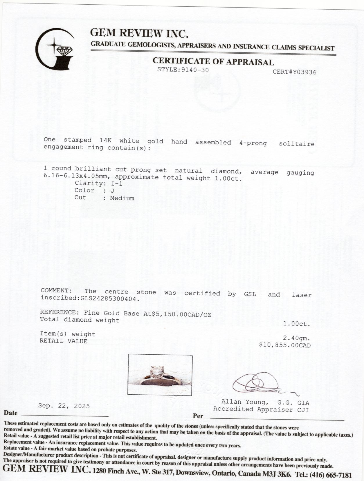 Round Brilliant Cut Solitaire Diamond Ring | 1.00ct I1 J | SZ 6.75