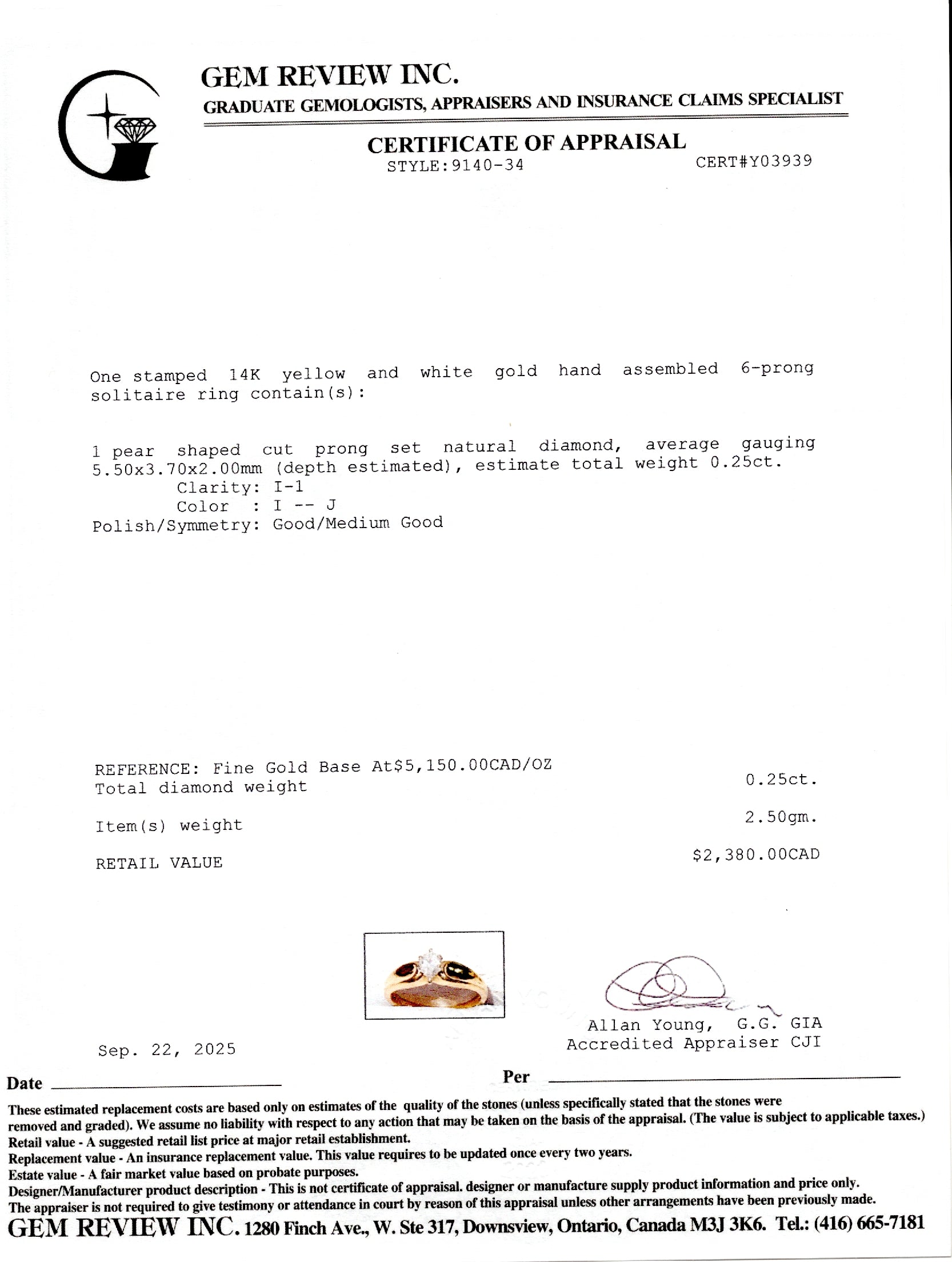 Bague solitaire en diamant taille poire | 0,25 ct | Taille 6,5