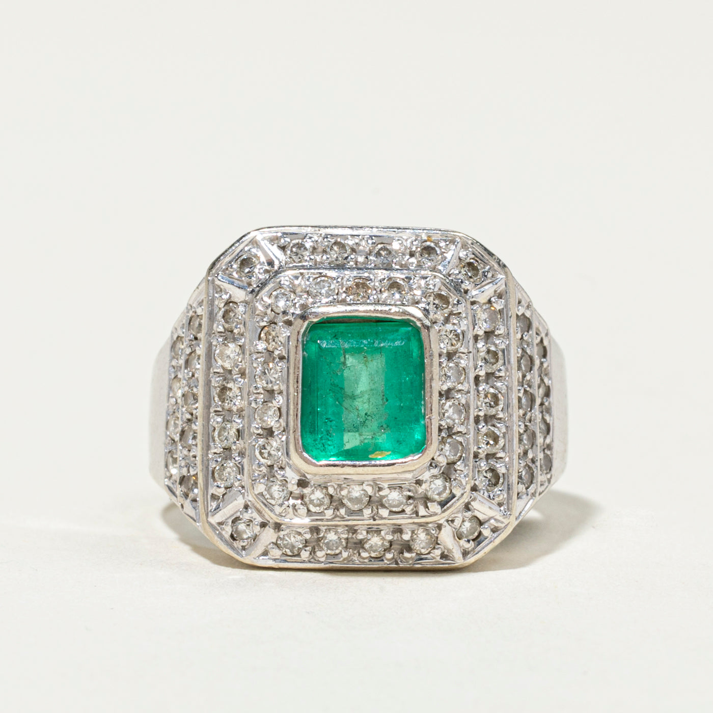 Bezel Set Emerald & Diamond Halo Cocktail Ring | 1.00ct, 0.63ctw | SZ 7