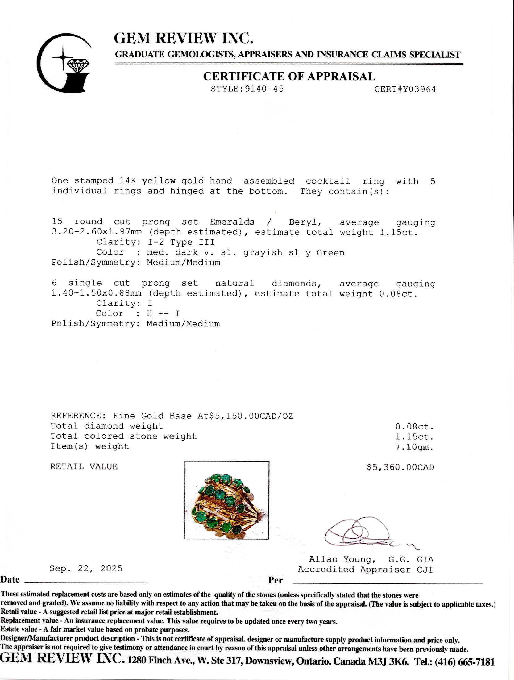 Multi Row Emerald & Diamond Stacked Wave Ring | 1.15ctw, 0.08ctw | SZ 8