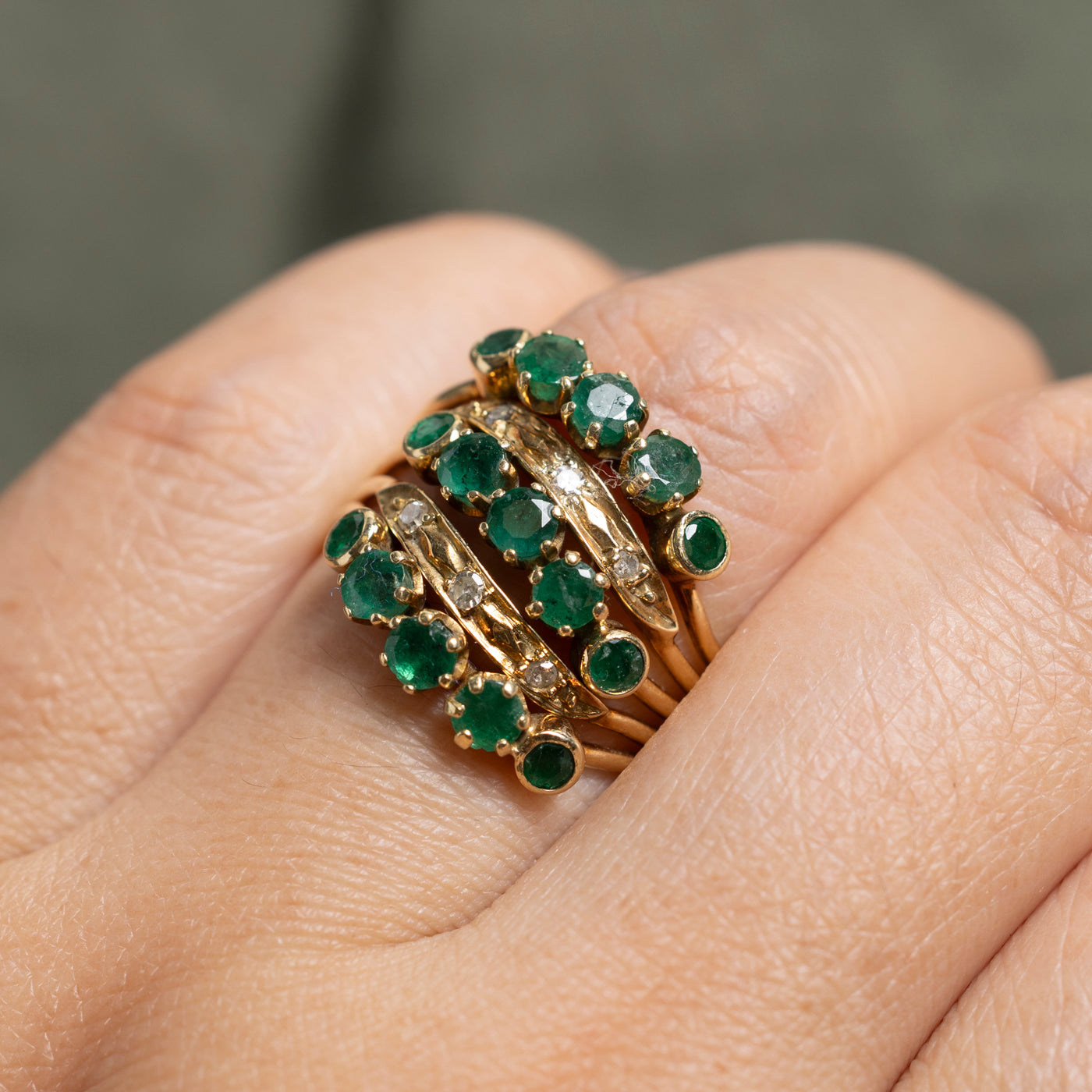 Multi Row Emerald & Diamond Stacked Wave Ring | 1.15ctw, 0.08ctw | SZ 8