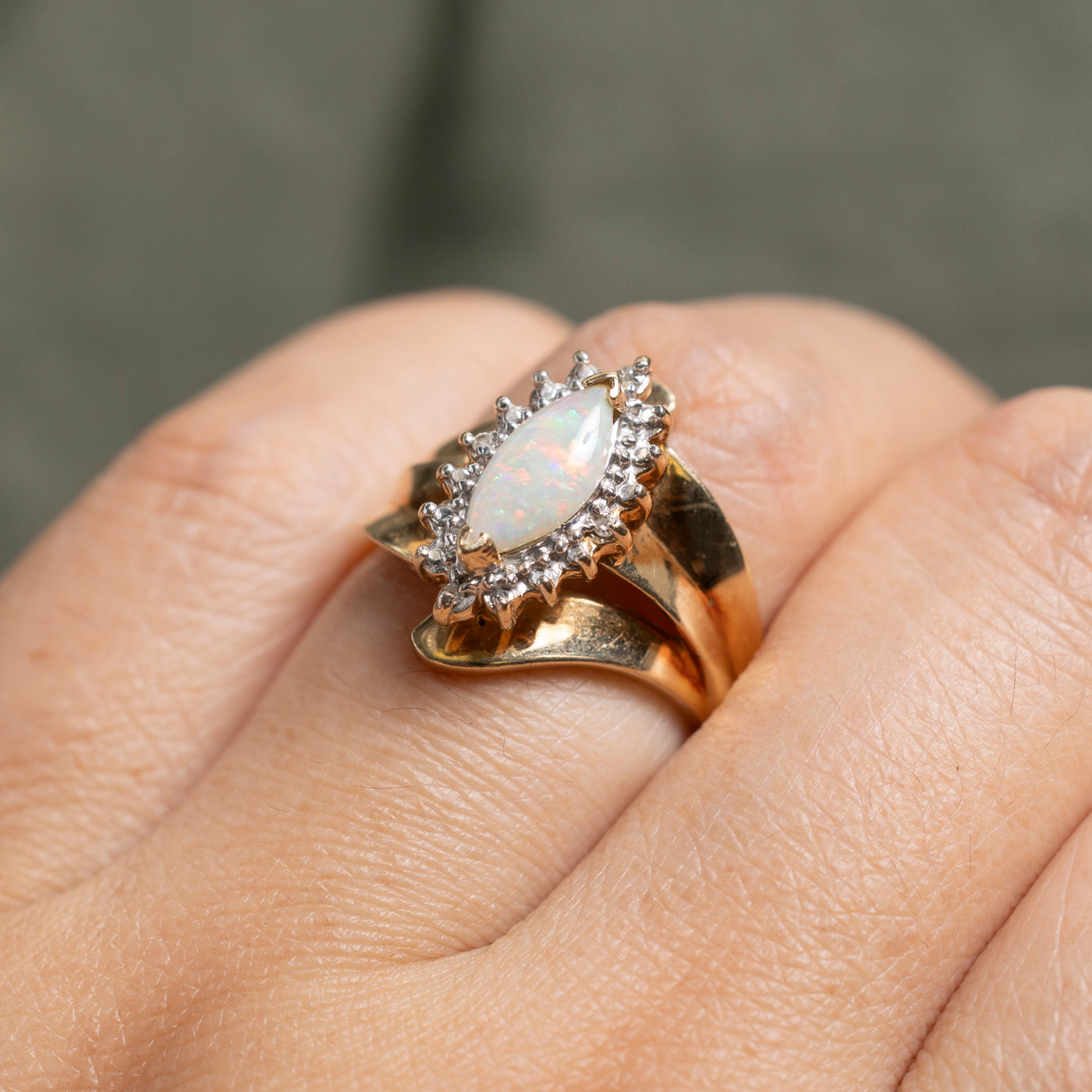Opal & Diamond Petal Grooved Ring | 0.44ct, 0.02ctw | SZ 6.75