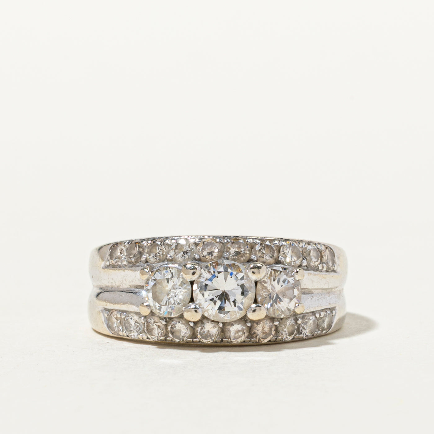 White Gold Three Stone Diamond Accented Band | 1.36ctw | SZ 6.5