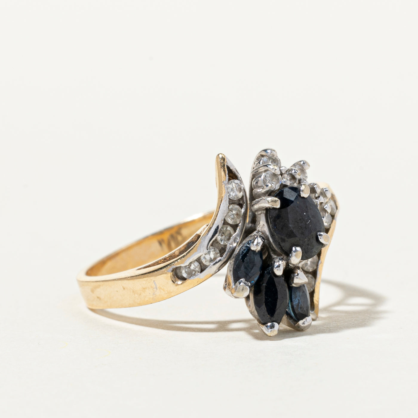 Multi Cut Sapphire & Diamond Cluster Bypass Ring | 0.88ctw, 0.23ctw | SZ 7