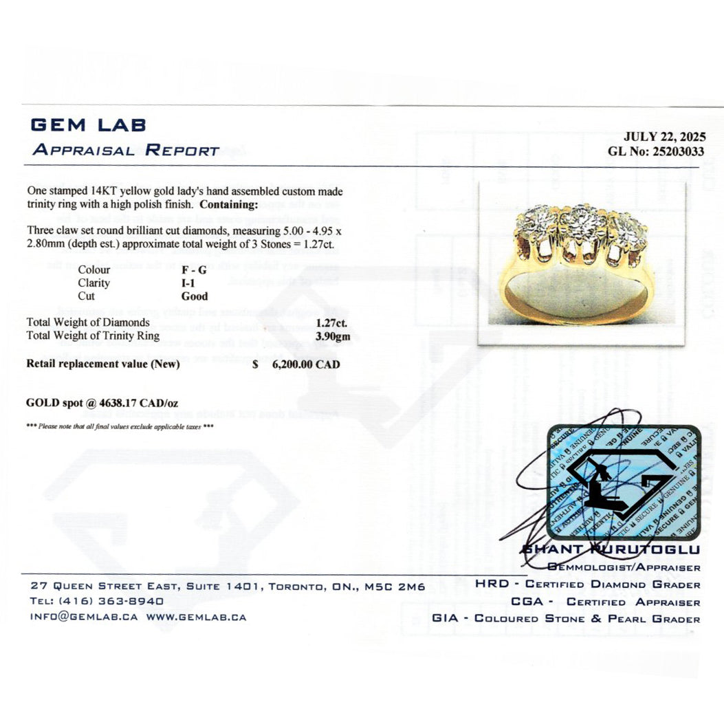 Belcher Set Three Stone Diamond Ring | 1.27ctw | SZ 5.5