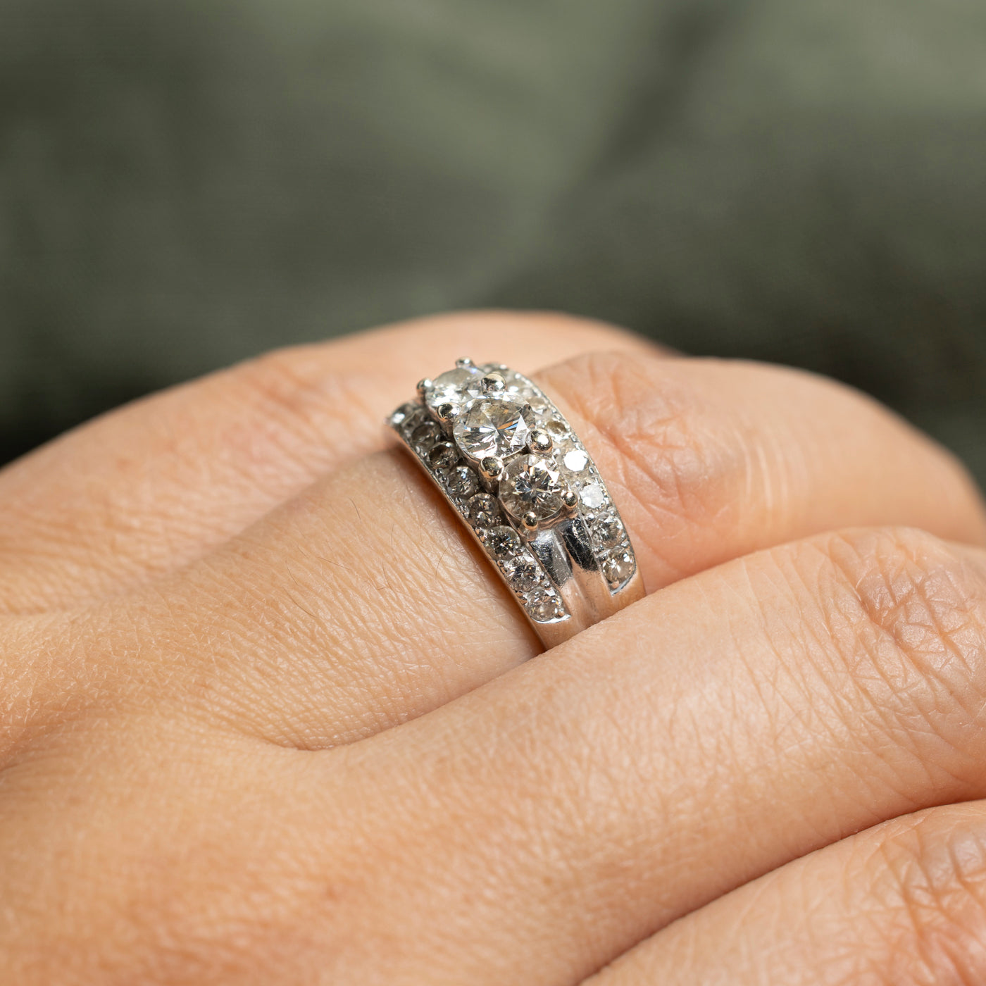 White Gold Three Stone Diamond Accented Band | 1.36ctw | SZ 6.5