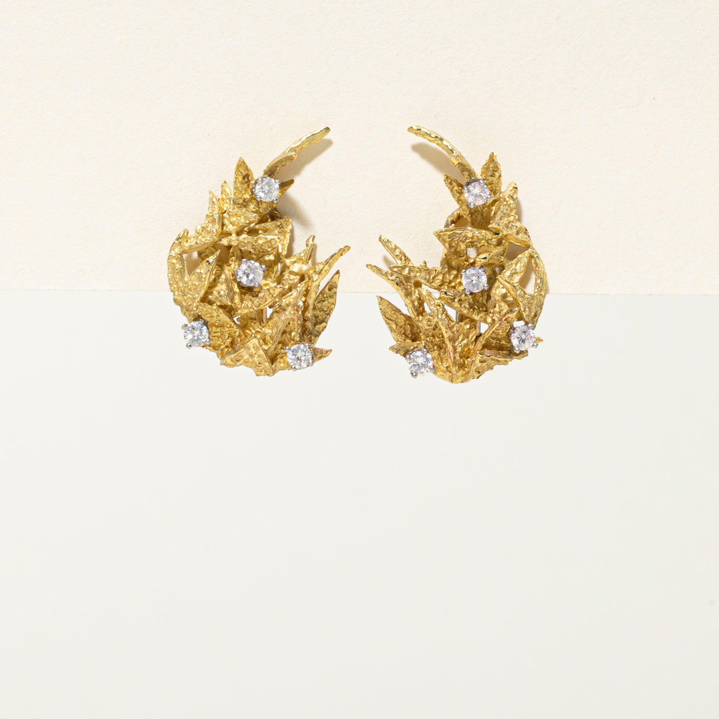 18k Diamond Textured Leaf Clip On Earrings | 0.42ctw